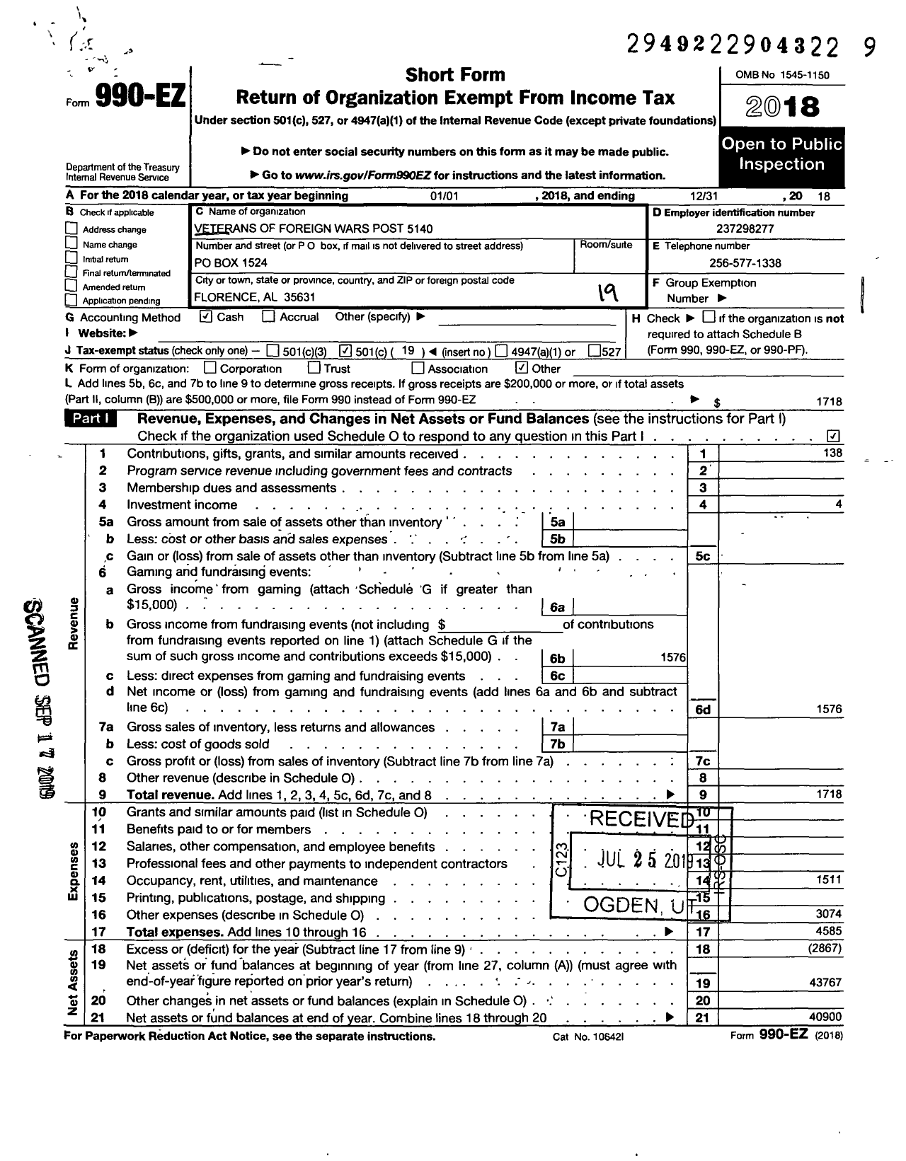 Image of first page of 2018 Form 990EO for Department of Alabama Veterans of Foreign Wars of the United States - 5140 Florence VFW Post