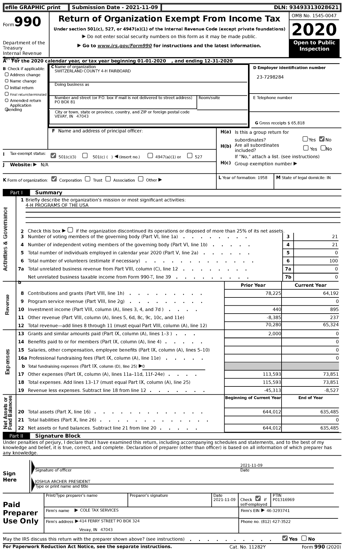 Image of first page of 2020 Form 990 for Switzerland County 4-H Fairboard