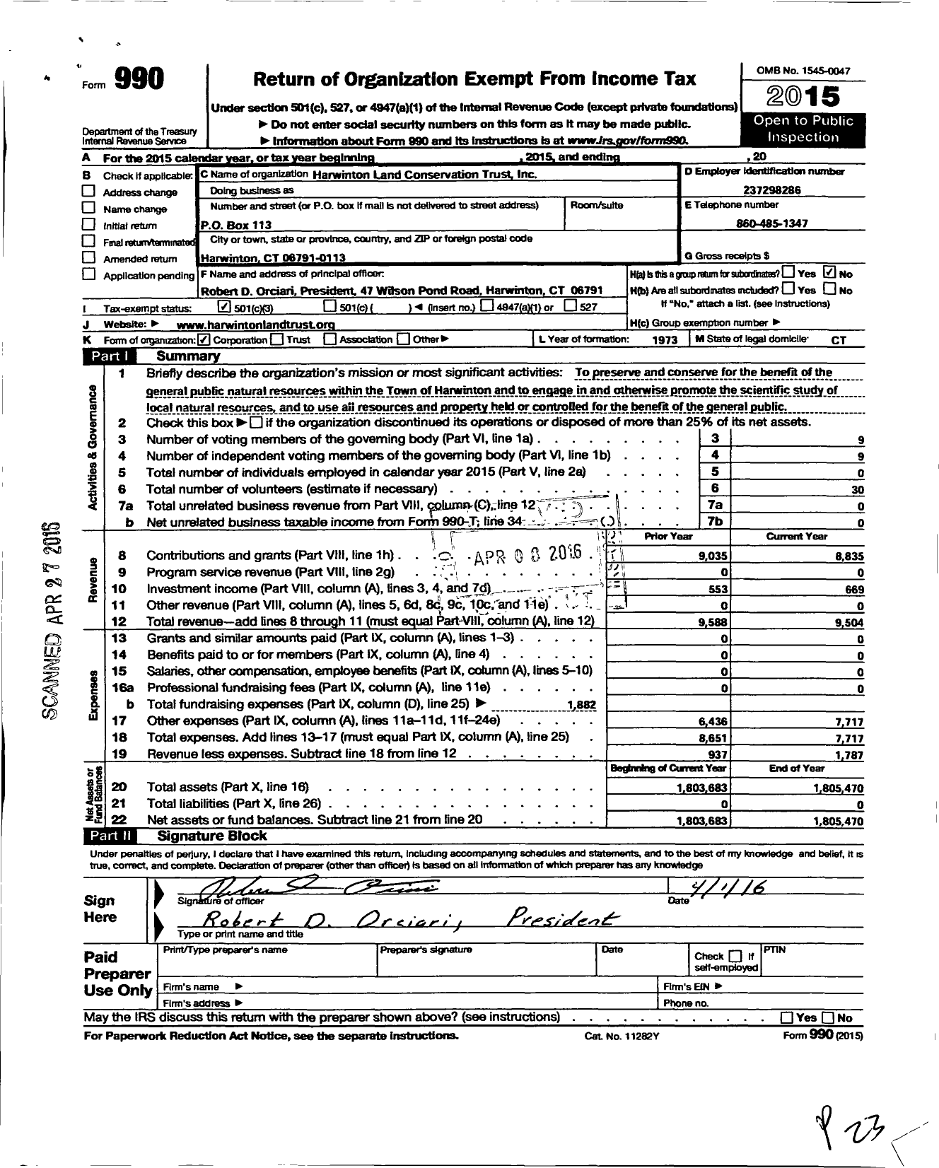 Image of first page of 2015 Form 990 for Harwinton Land Conservation Trust