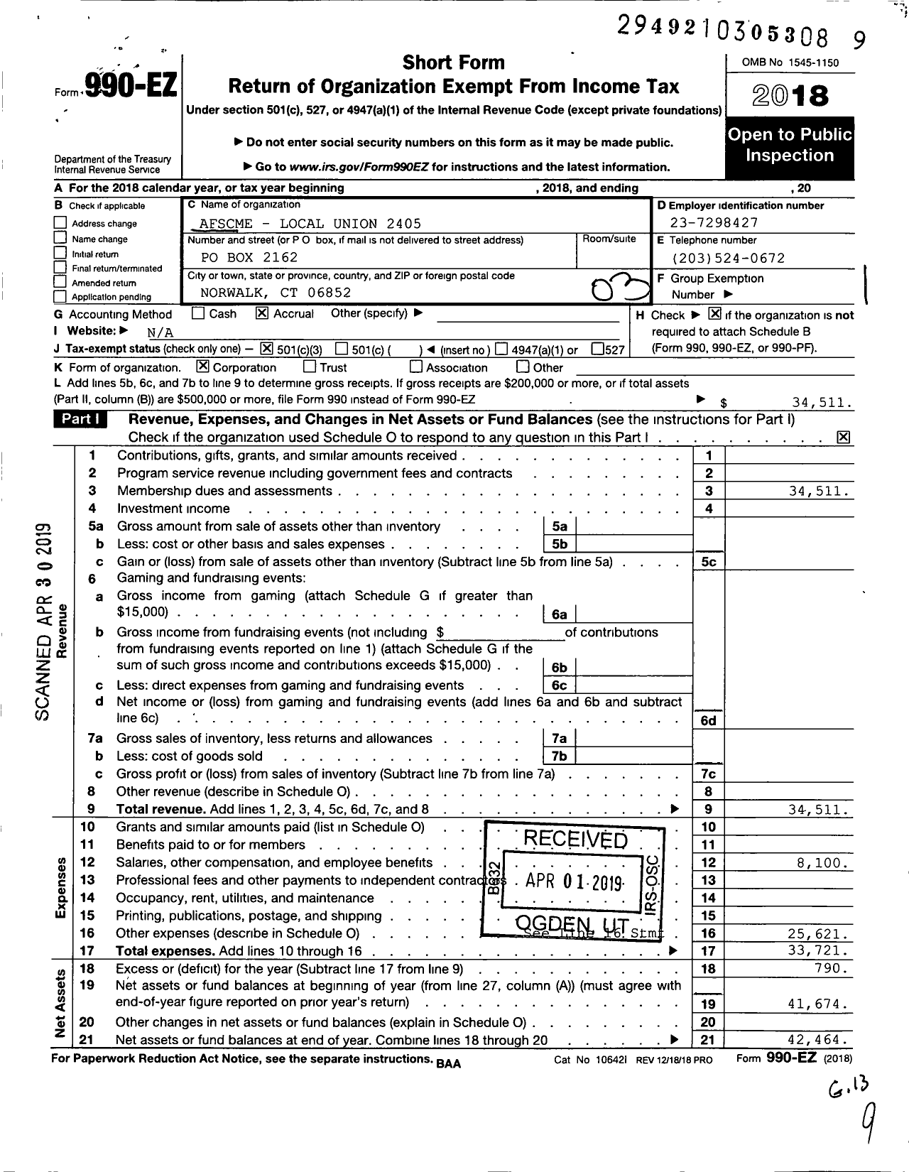 Image of first page of 2018 Form 990EZ for American Federation of State County & Municipal Employees - 2405 CT Loc Norwalk Conn City Empls