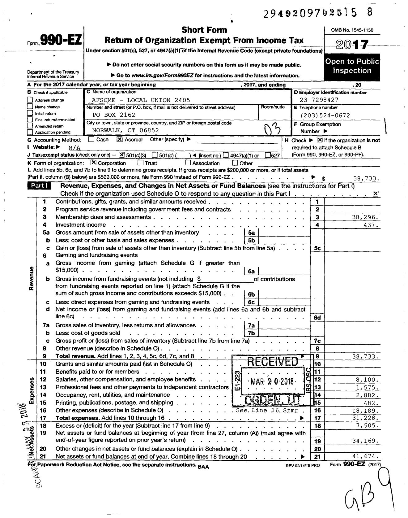 Image of first page of 2017 Form 990EZ for American Federation of State County & Municipal Employees - 2405 CT Loc Norwalk Conn City Empls