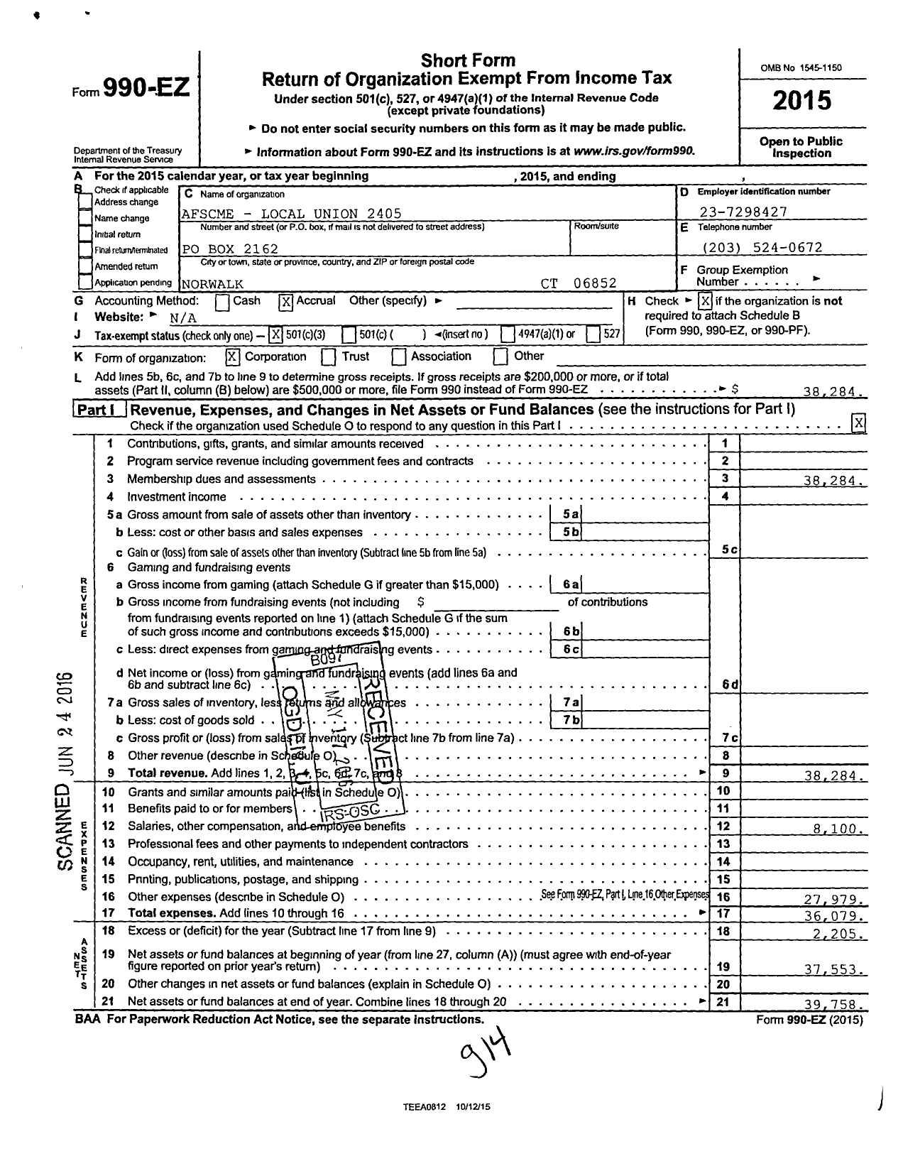 Image of first page of 2015 Form 990EZ for American Federation of State County & Municipal Employees - 2405 CT Loc Norwalk Conn City Empls