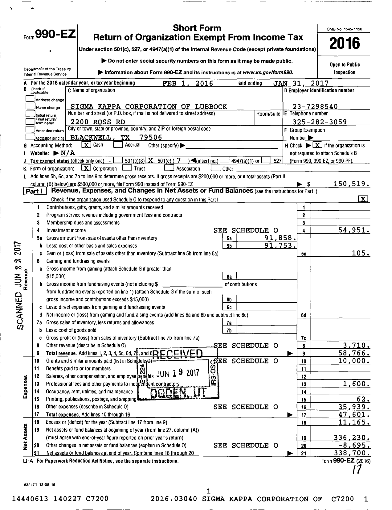 Image of first page of 2016 Form 990EO for Sigma Kappa Corporation of Lubbock