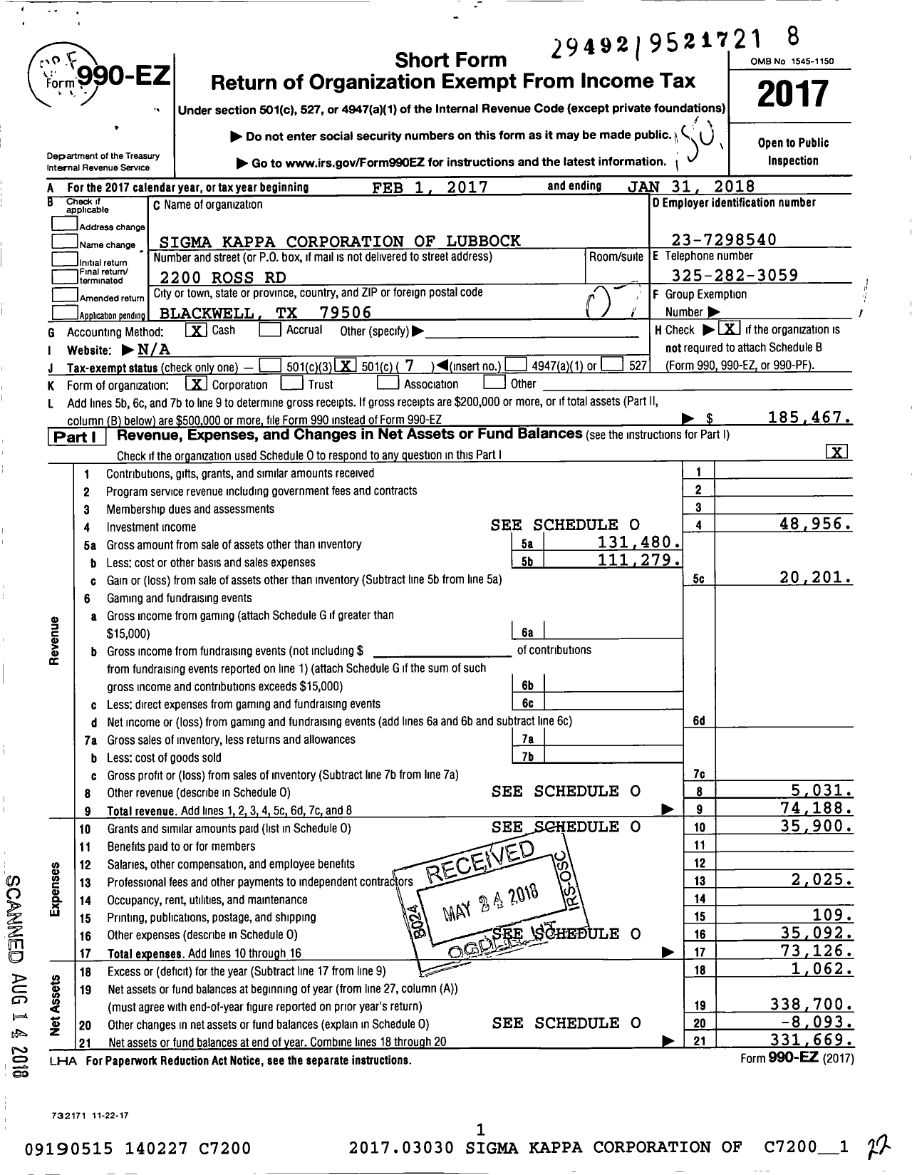 Image of first page of 2017 Form 990EO for Sigma Kappa Corporation of Lubbock