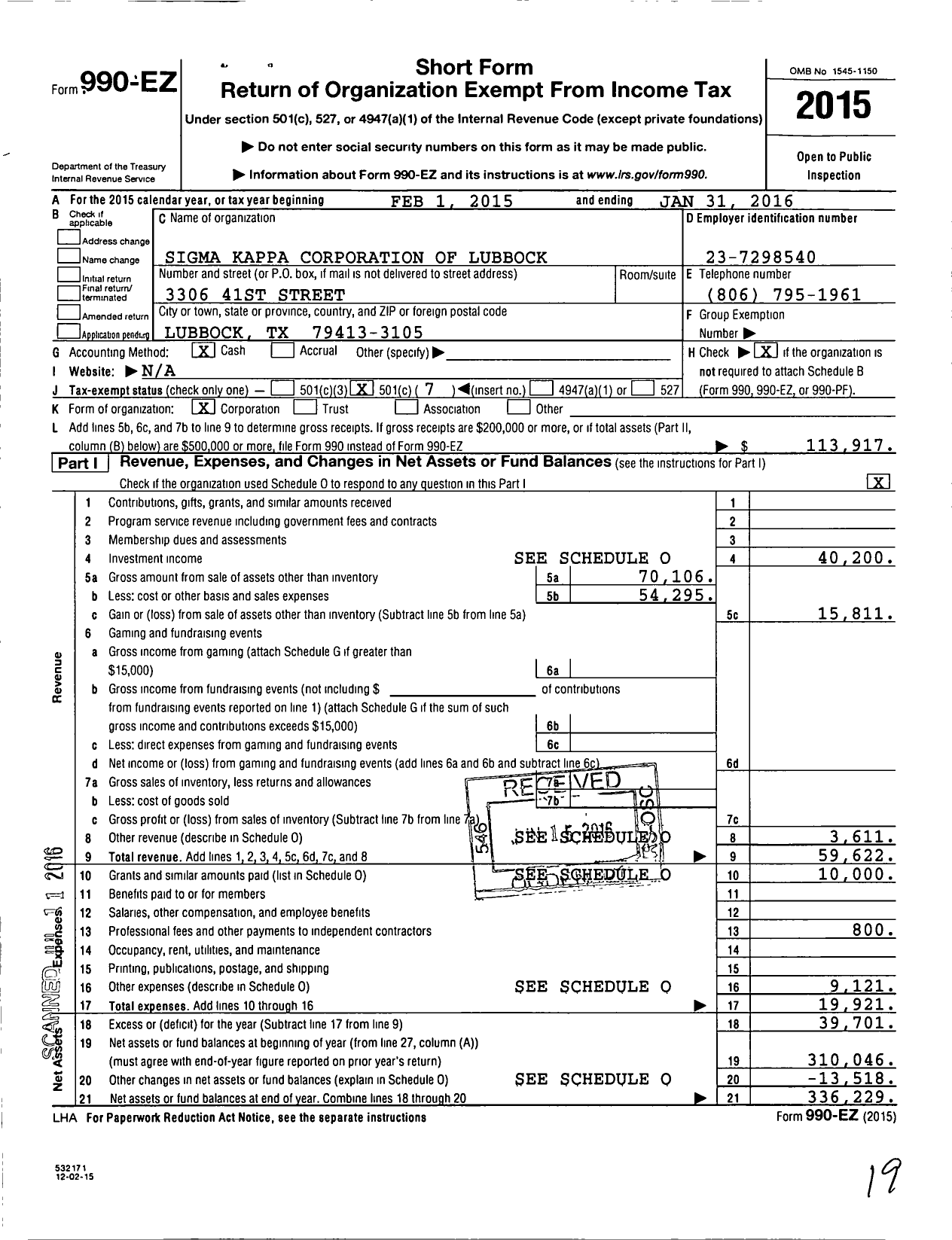 Image of first page of 2015 Form 990EO for Sigma Kappa Corporation of Lubbock