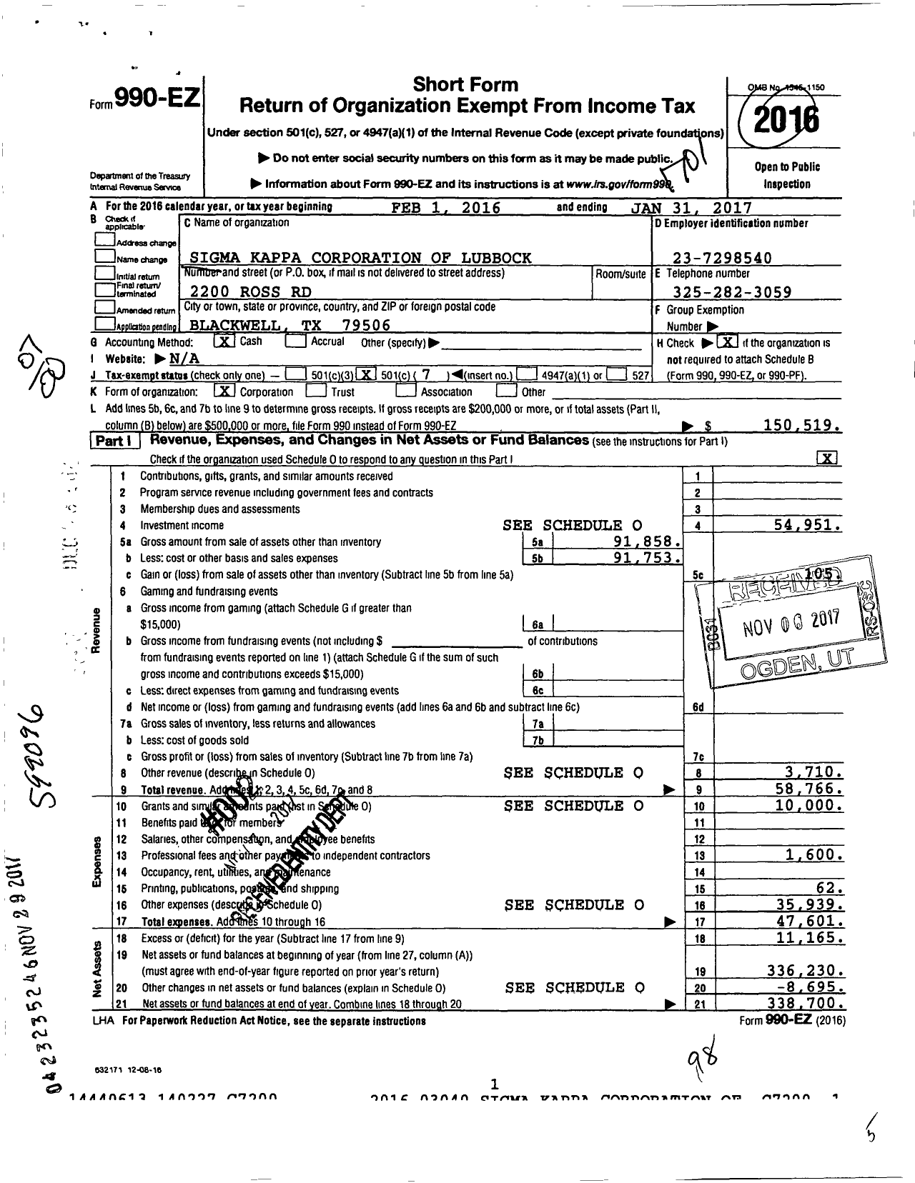 Image of first page of 2016 Form 990EO for Sigma Kappa Corporation of Lubbock