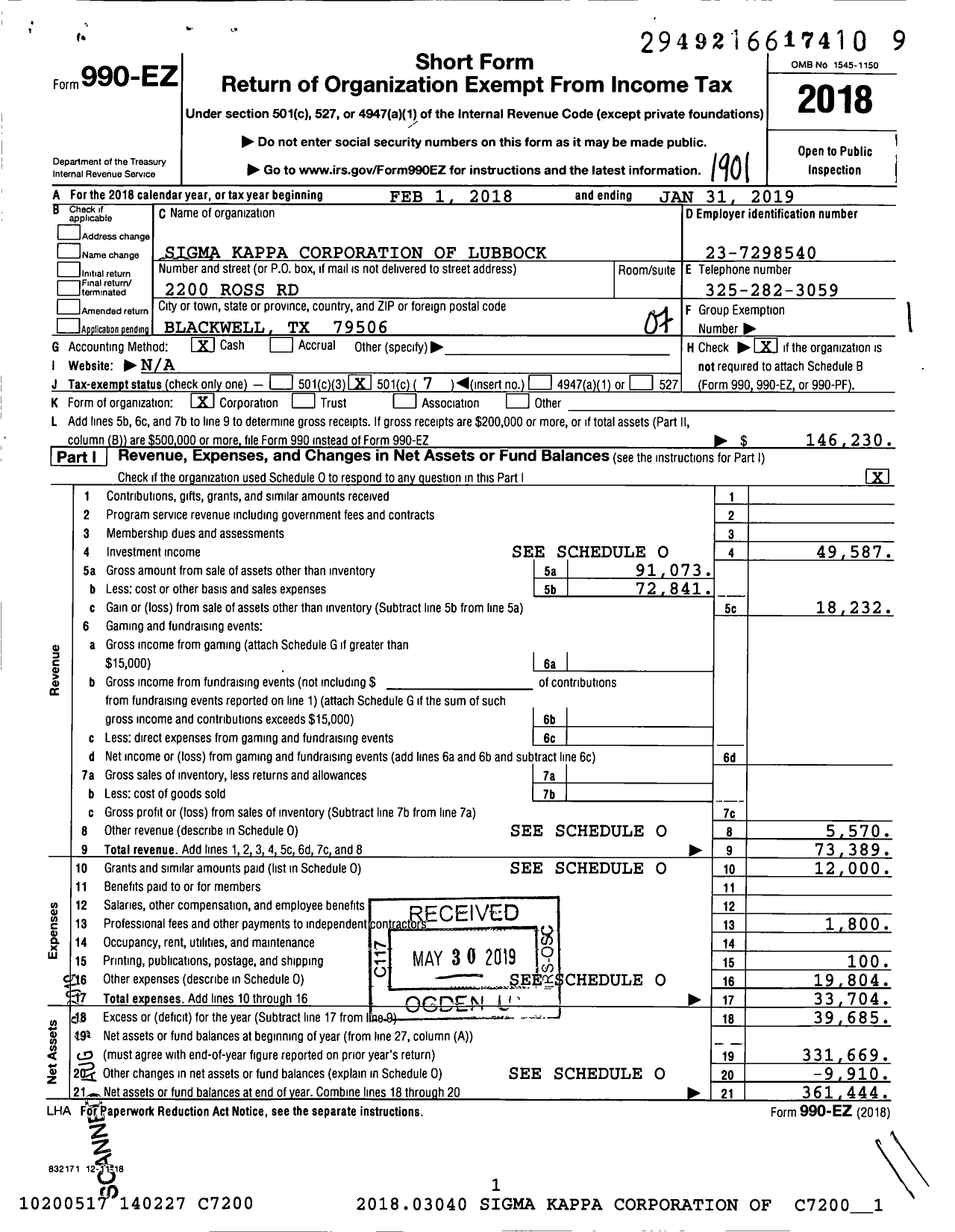 Image of first page of 2018 Form 990EO for Sigma Kappa Corporation of Lubbock