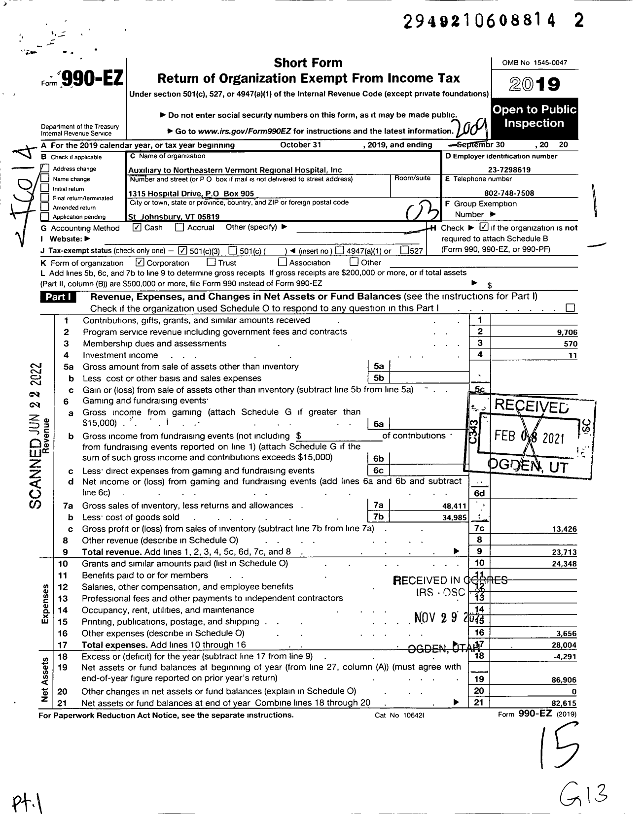 Image of first page of 2019 Form 990EZ for Auxiliary To Northeastern Vermont Regional Hospital