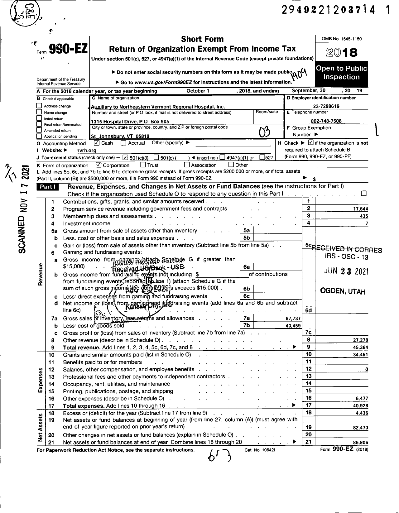 Image of first page of 2018 Form 990EZ for Auxiliary To Northeastern Vermont Regional Hospital