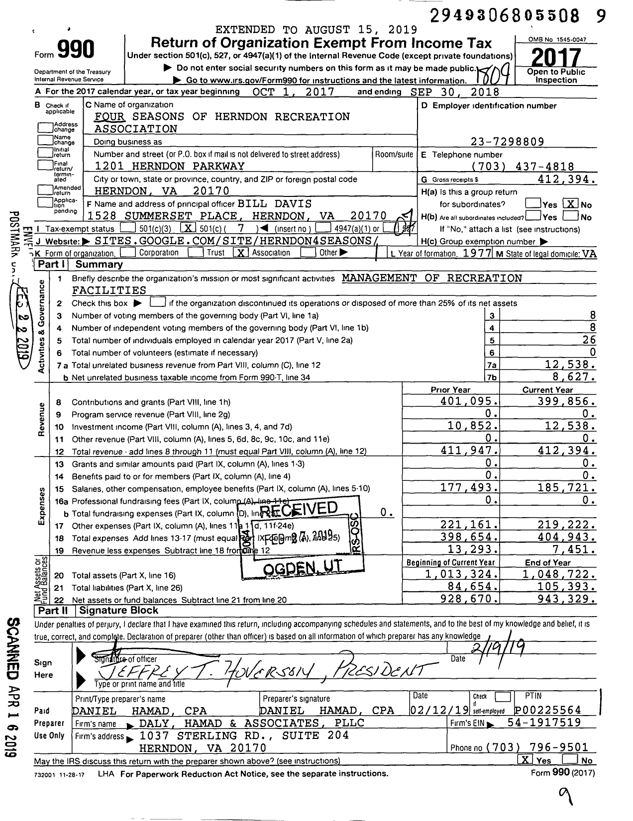 Image of first page of 2017 Form 990O for Four Seasons of Herndon Recreation Association