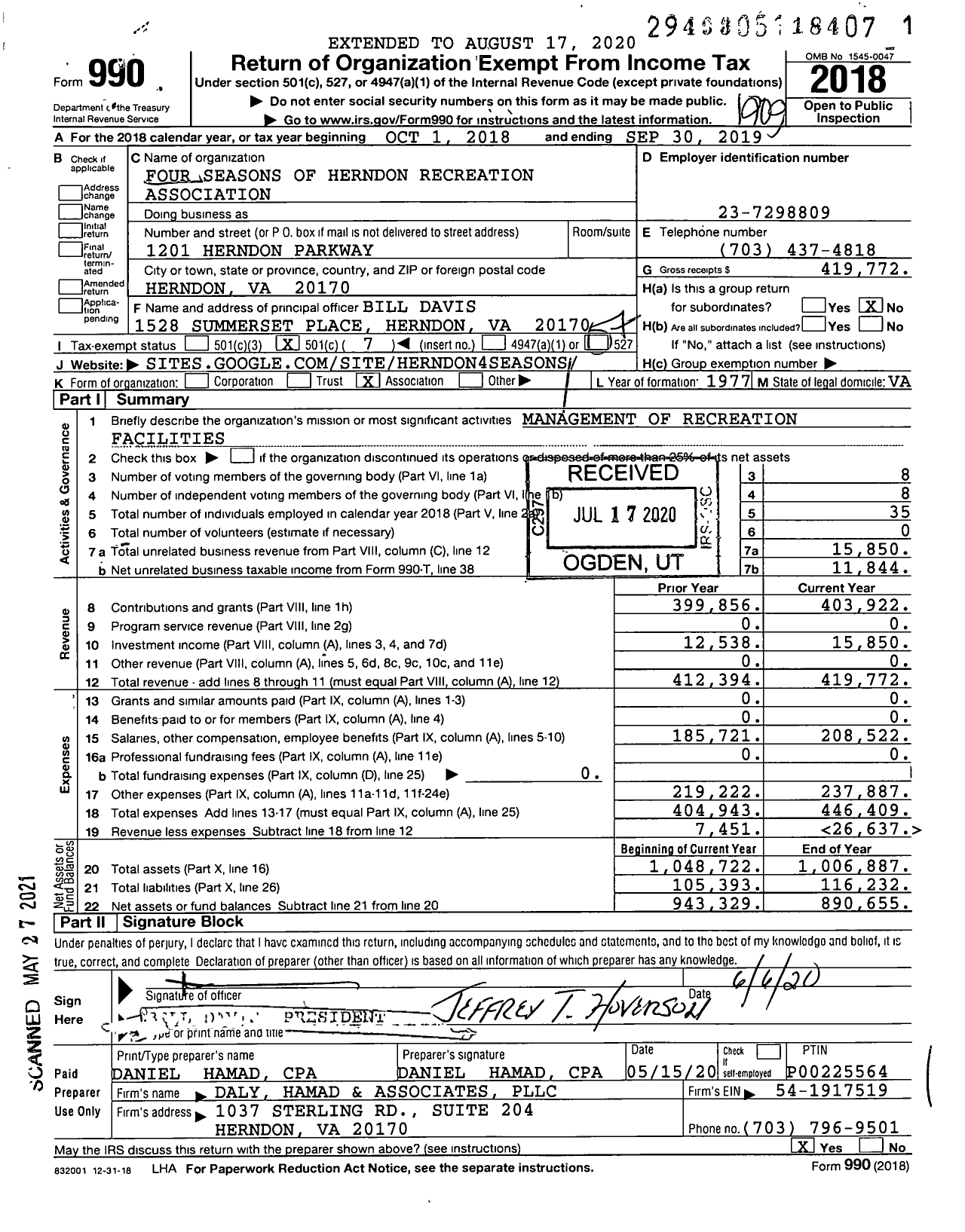 Image of first page of 2018 Form 990O for Four Seasons of Herndon Recreation Association