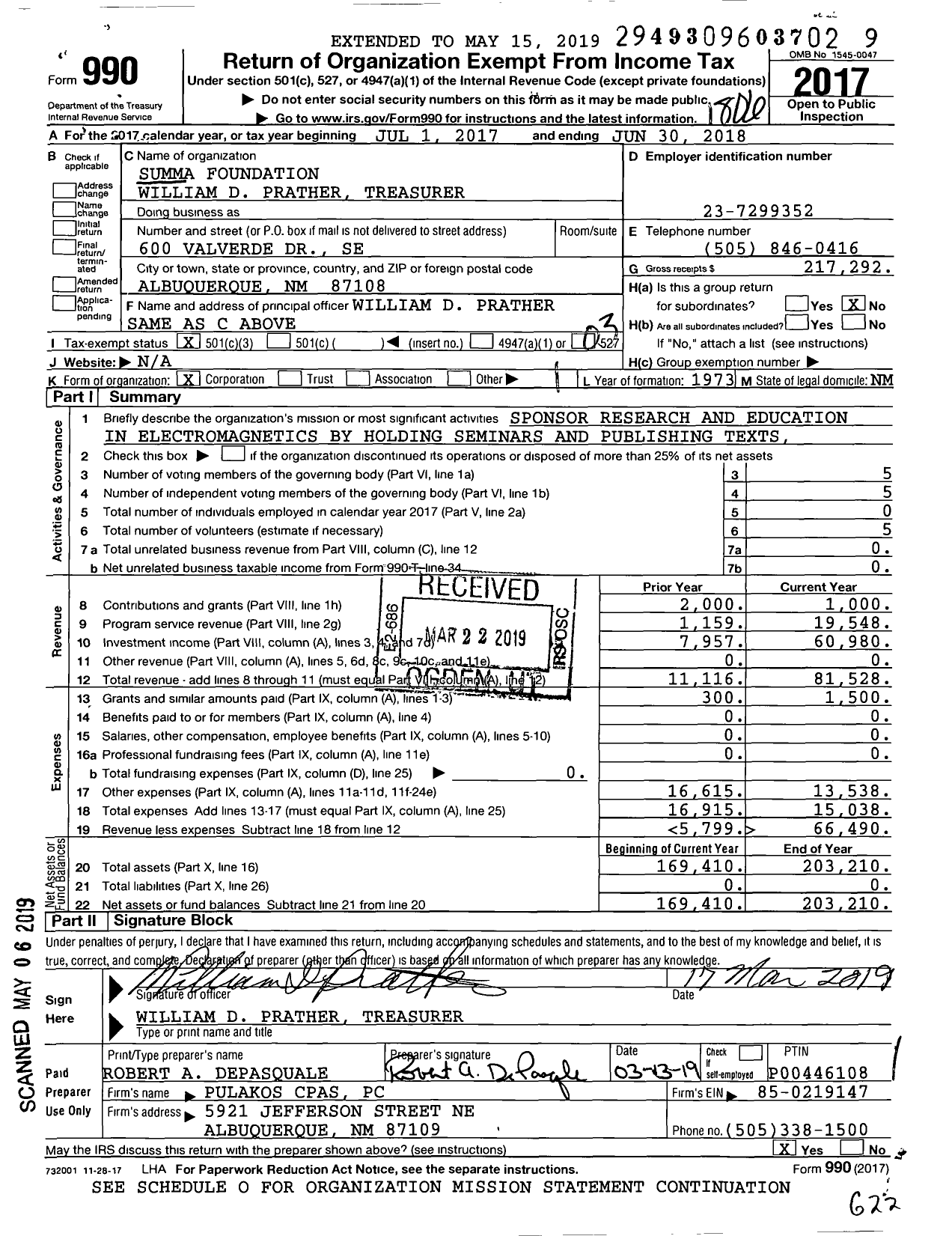 Image of first page of 2017 Form 990 for Summa Foundation William D Prather Treasurer