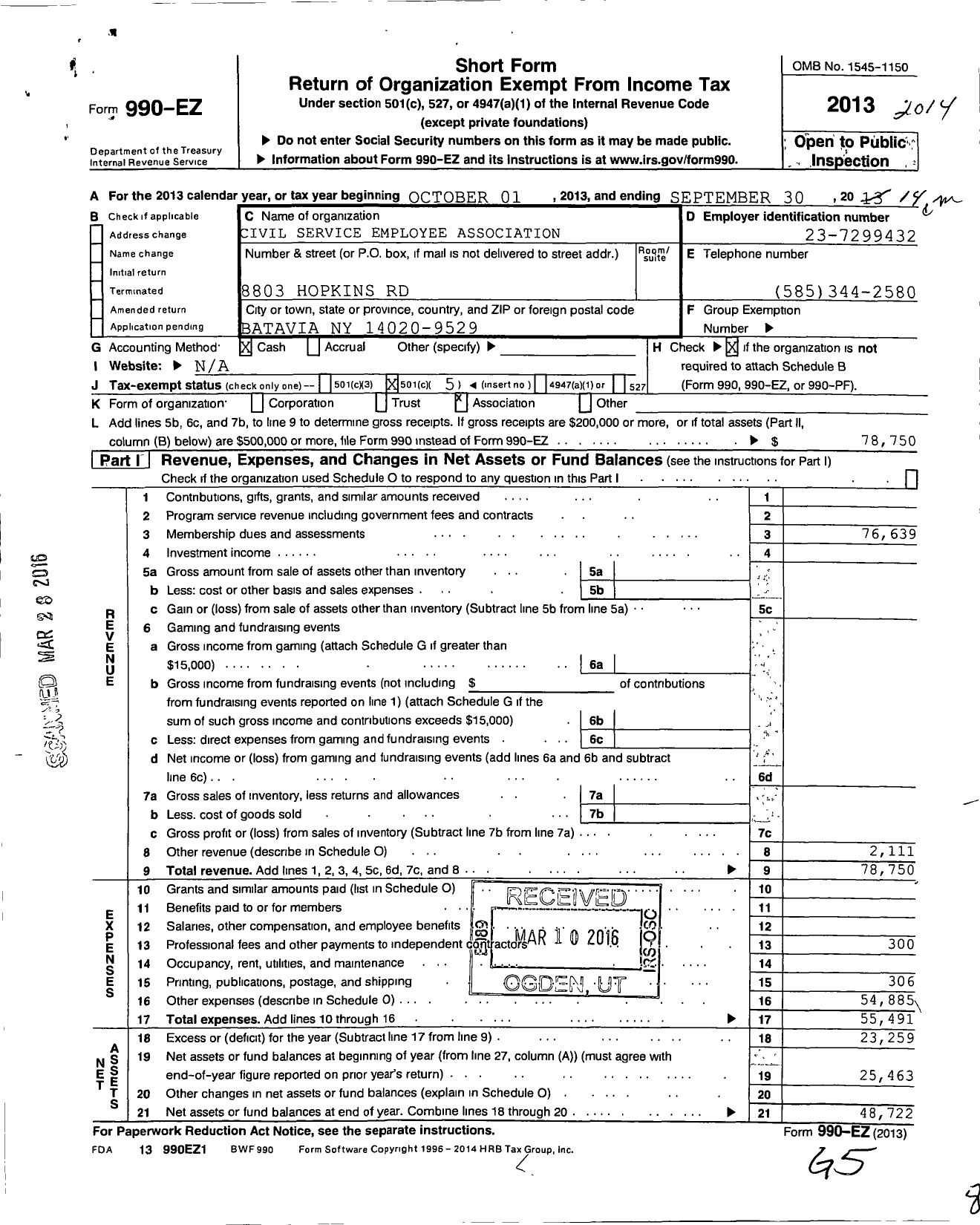 Image of first page of 2013 Form 990EO for Civil Service Employees Association - 0819 Genesee County