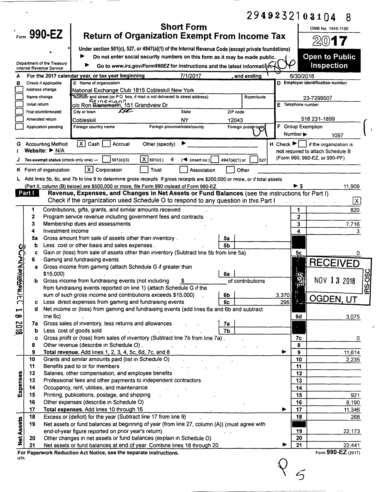 Image of first page of 2017 Form 990EO for National Exchange Club - 1815 Cobleskill New York