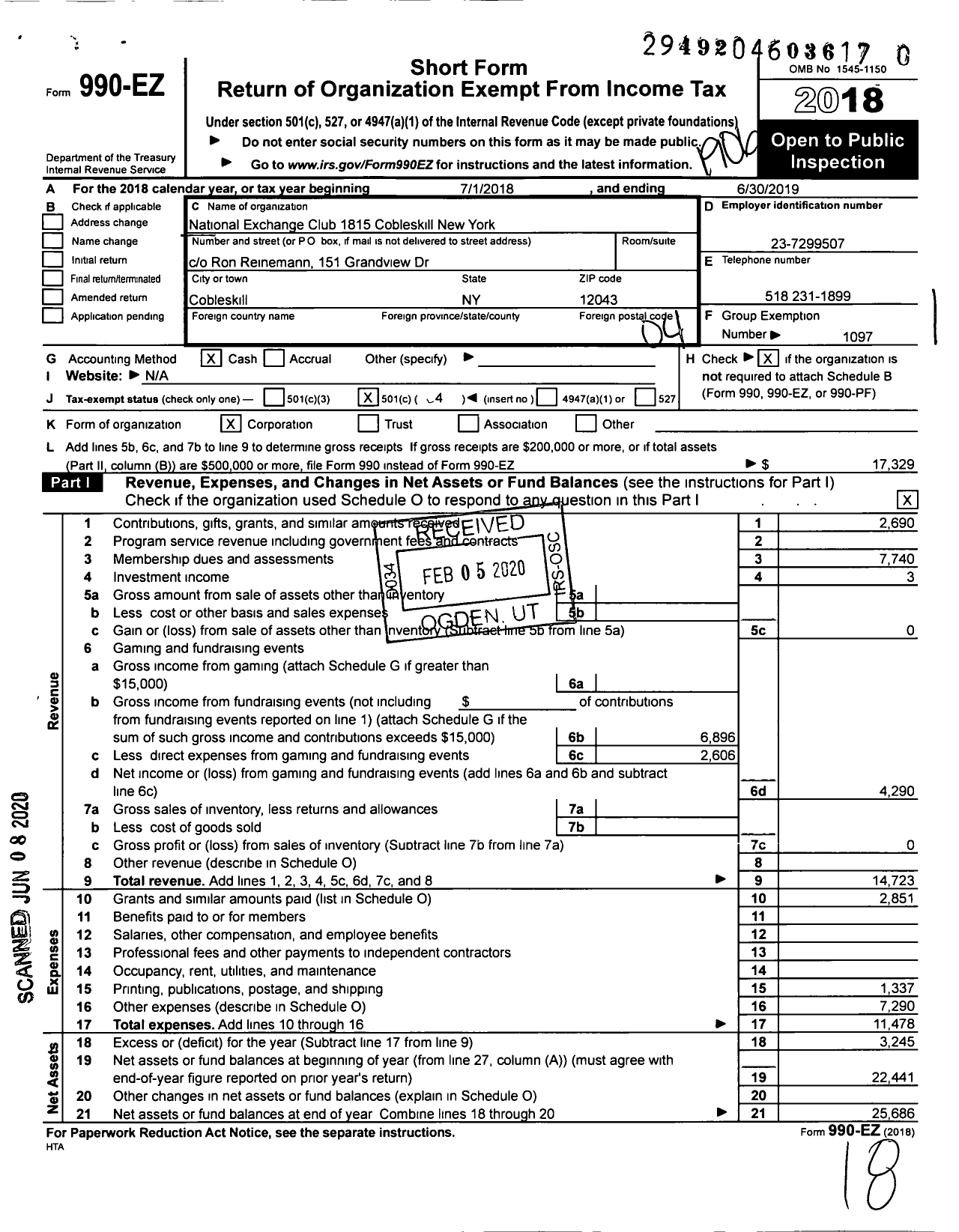 Image of first page of 2018 Form 990EO for National Exchange Club - 1815 Cobleskill New York