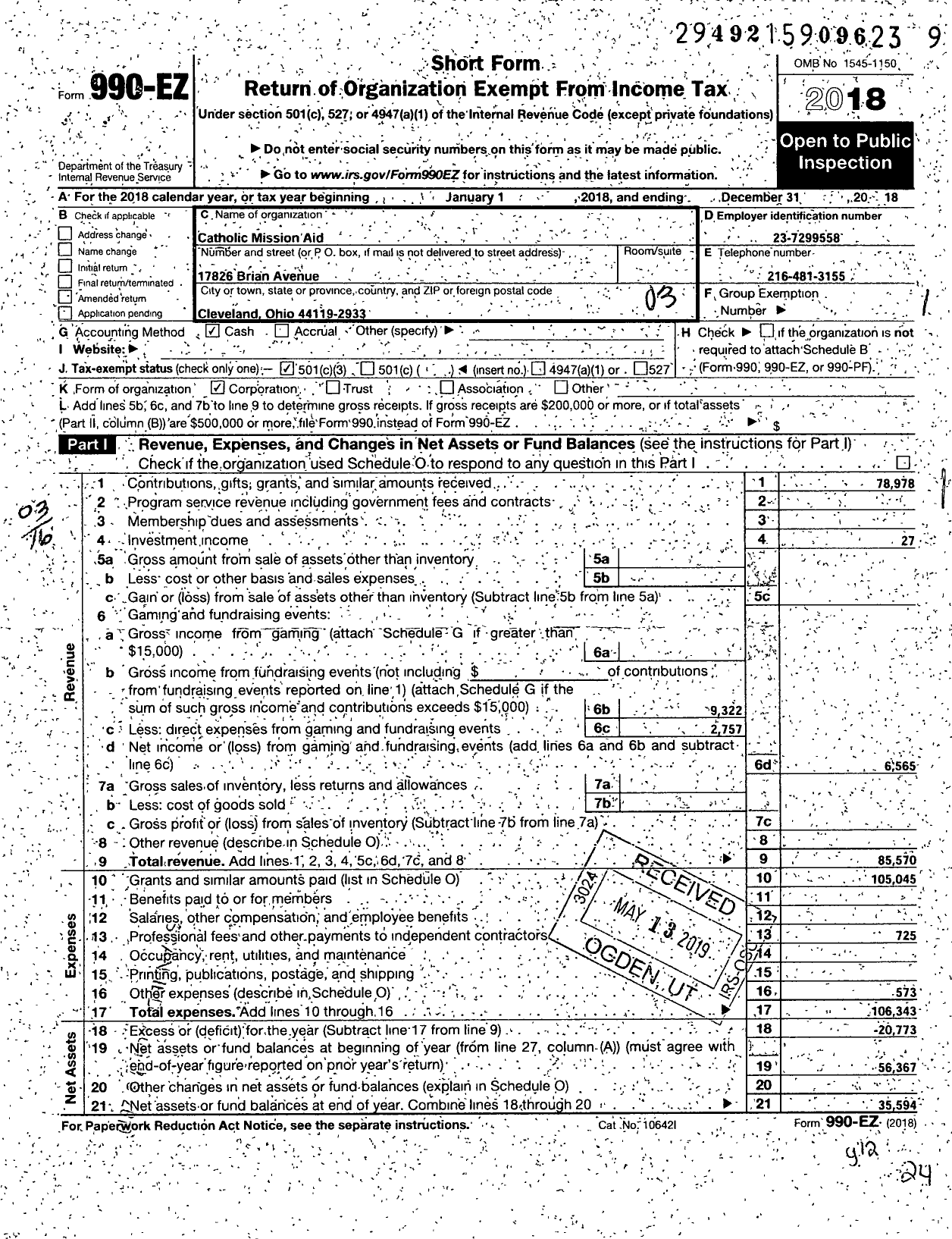 Image of first page of 2018 Form 990EZ for Catholic Mission Aid