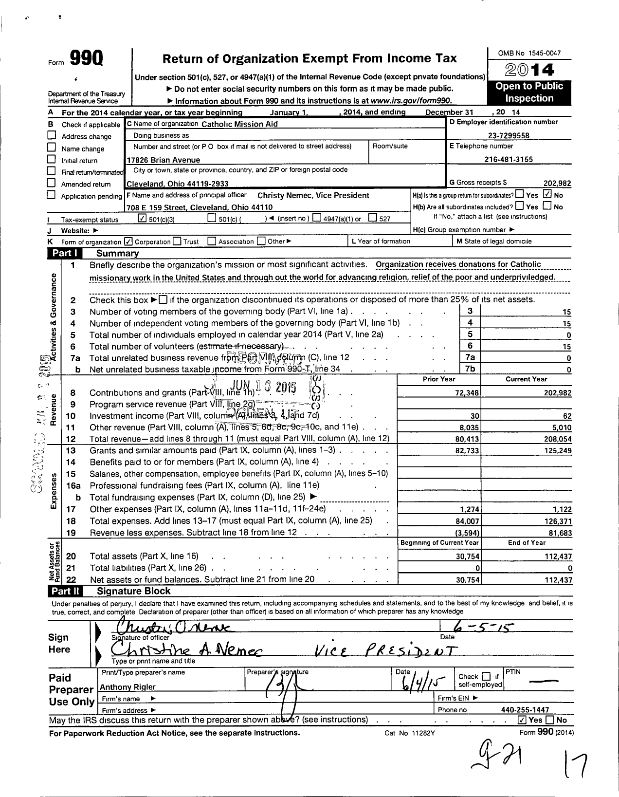 Image of first page of 2014 Form 990 for Catholic Mission Aid