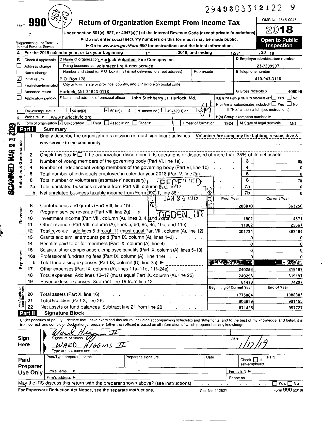 Image of first page of 2018 Form 990O for Volunteer Fire and Ems Services