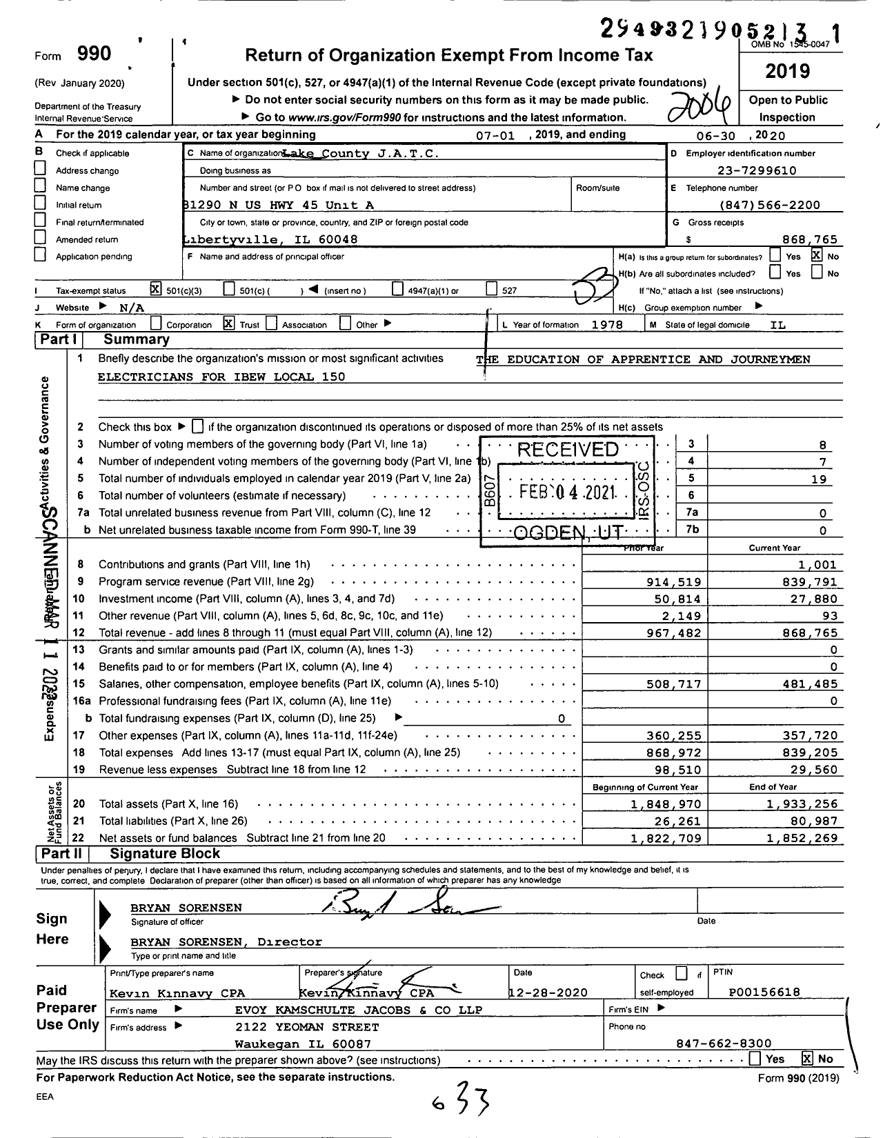 Image of first page of 2019 Form 990 for Lake County Joint Apprenticeship and Training Committee