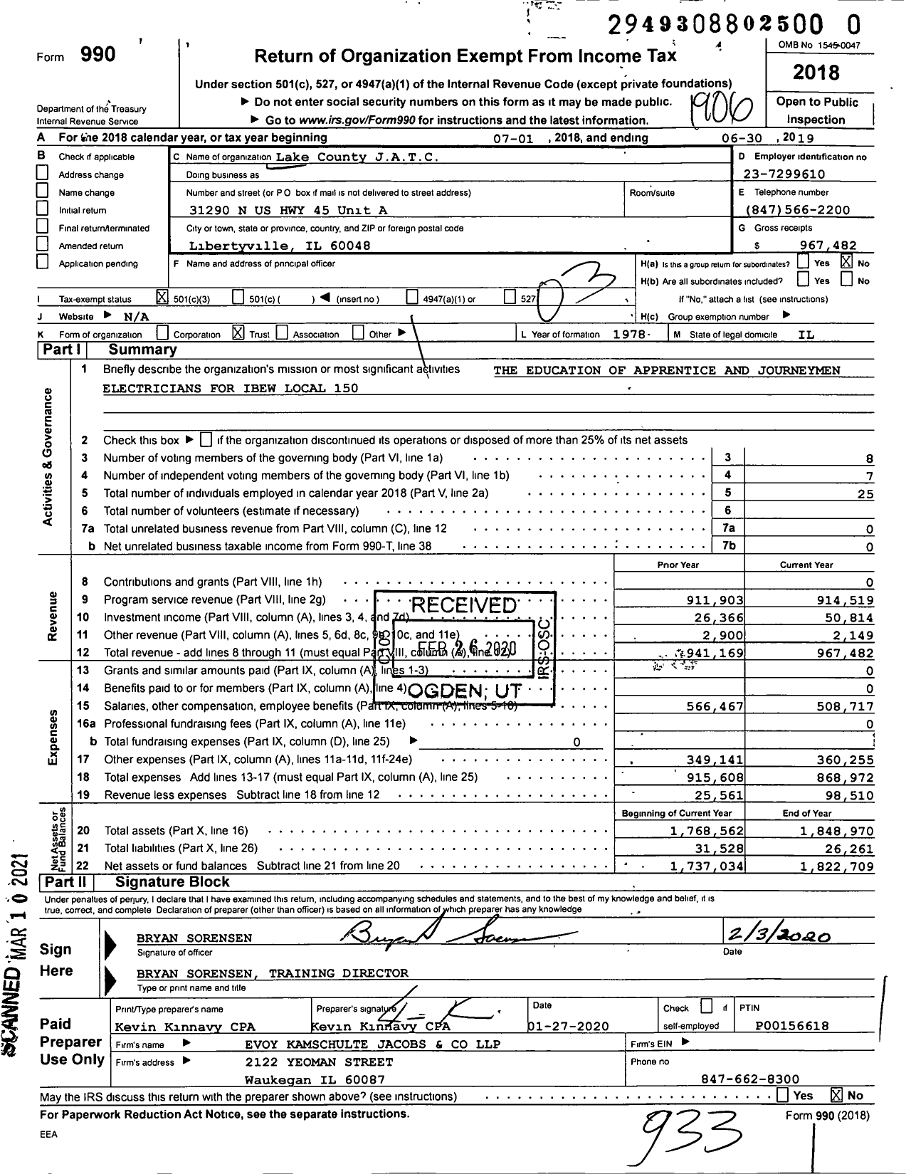 Image of first page of 2018 Form 990 for Lake County Joint Apprenticeship and Training Committee