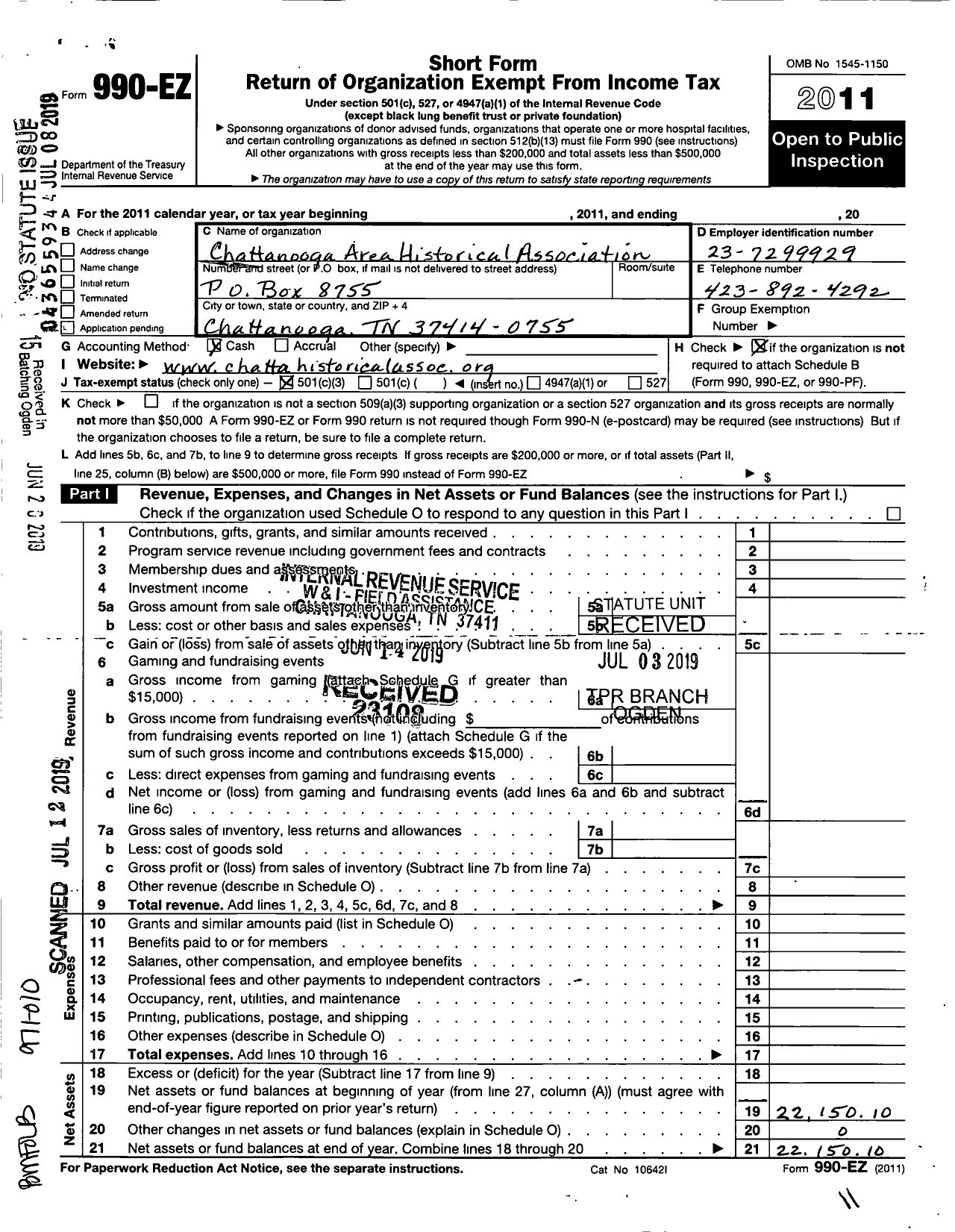 Image of first page of 2011 Form 990EA for Chattanooga Area Historical Association