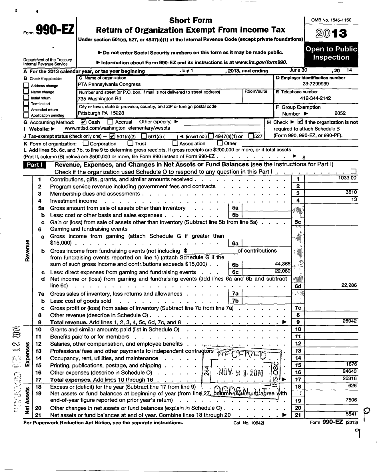 Image of first page of 2013 Form 990EZ for PTA Pennsylvania Congress / Washington Elem School PTA Inc