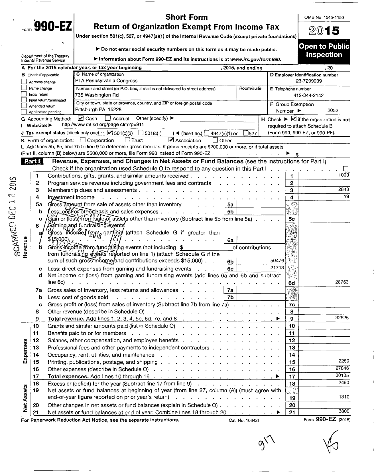 Image of first page of 2015 Form 990EZ for PTA Pennsylvania Congress / Washington Elem School PTA Inc