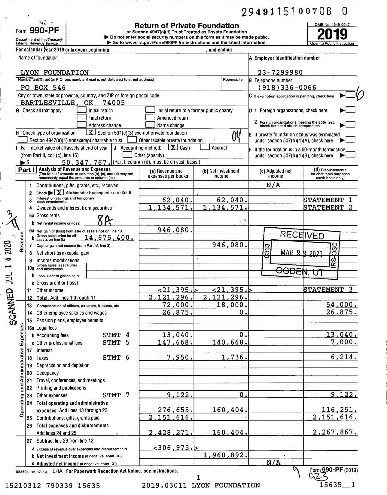 Image of first page of 2019 Form 990PR for Lyon Foundation