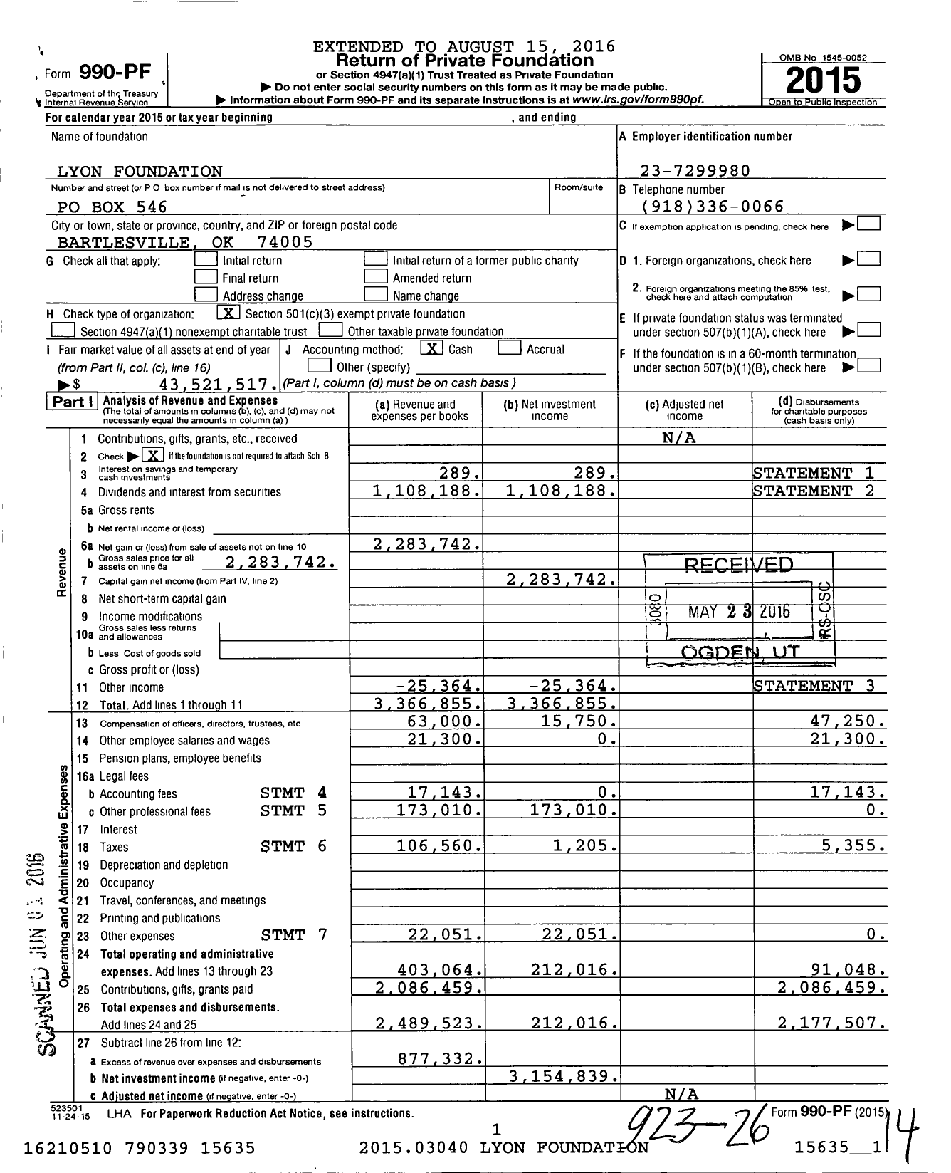 Image of first page of 2015 Form 990PF for Lyon Foundation
