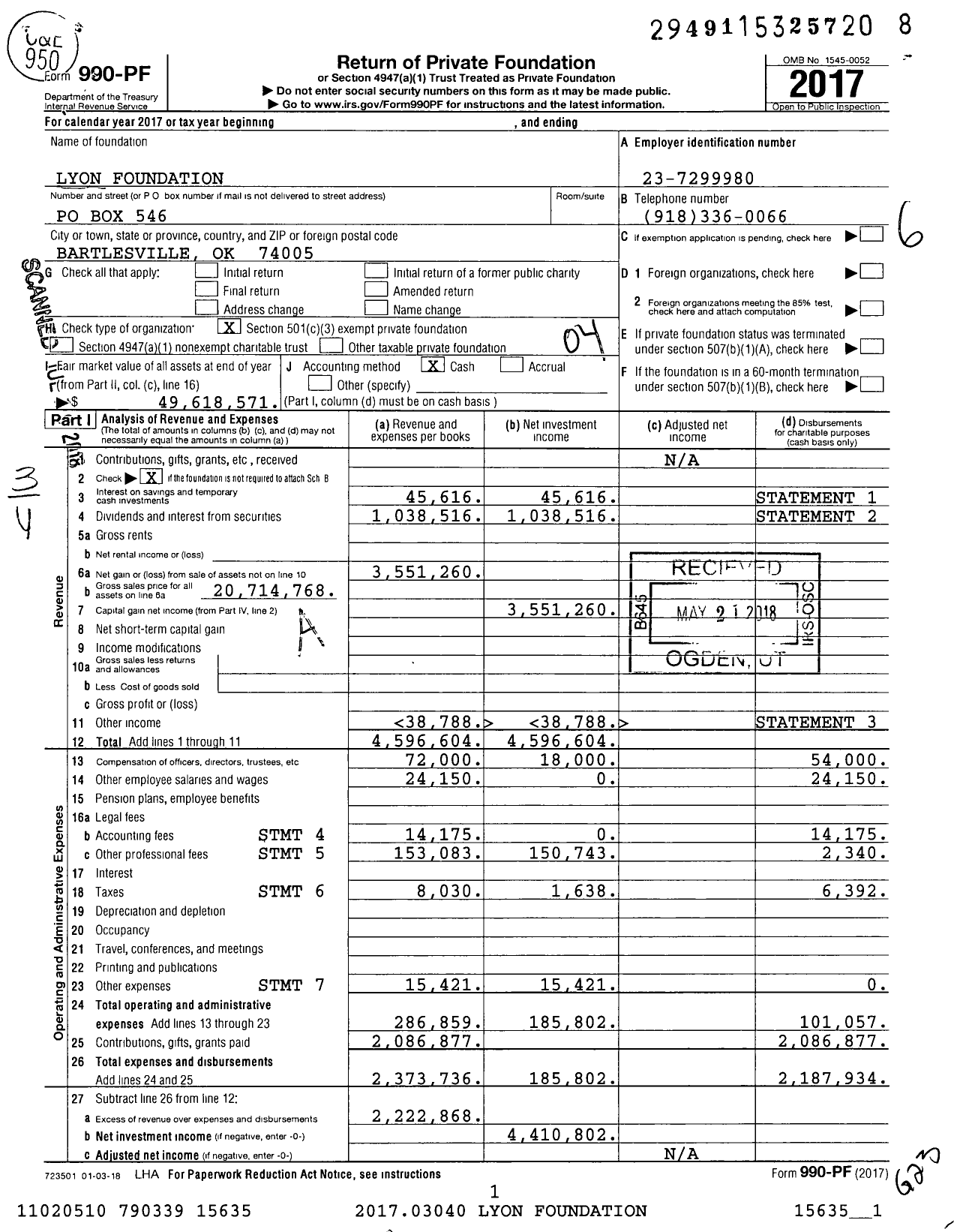Image of first page of 2017 Form 990PF for Lyon Foundation
