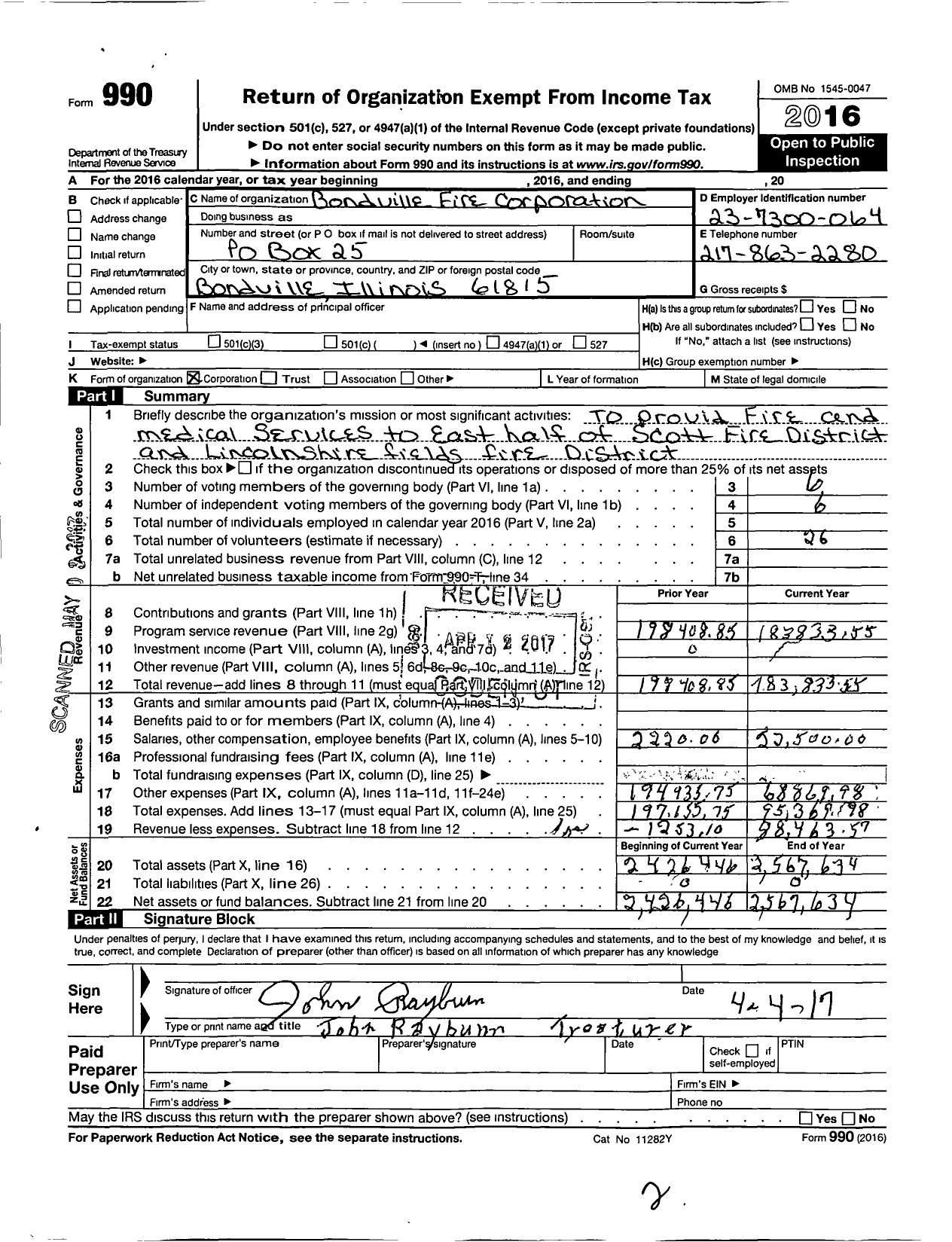 Image of first page of 2016 Form 990O for Bondville Fire Corporation