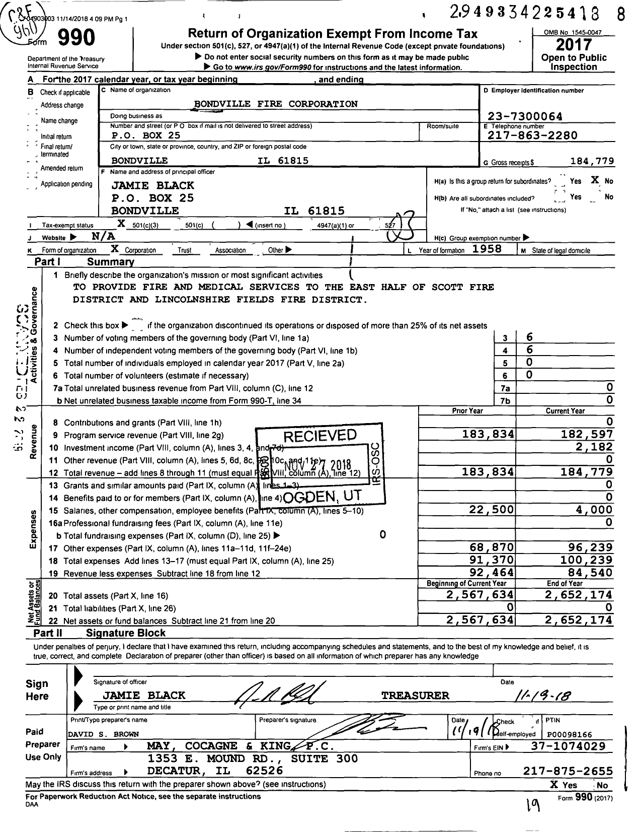 Image of first page of 2017 Form 990 for Bondville Fire Corporation