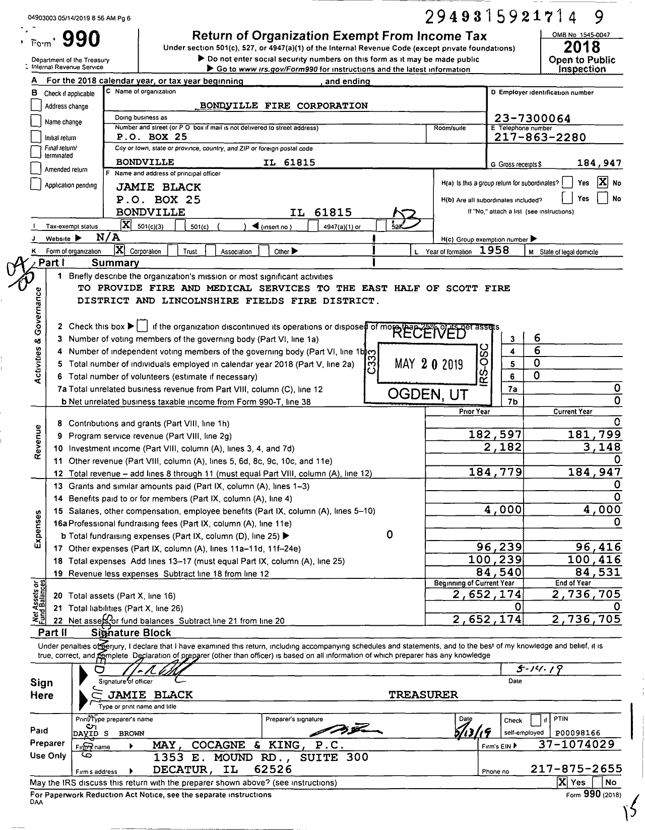 Image of first page of 2018 Form 990 for Bondville Fire Corporation