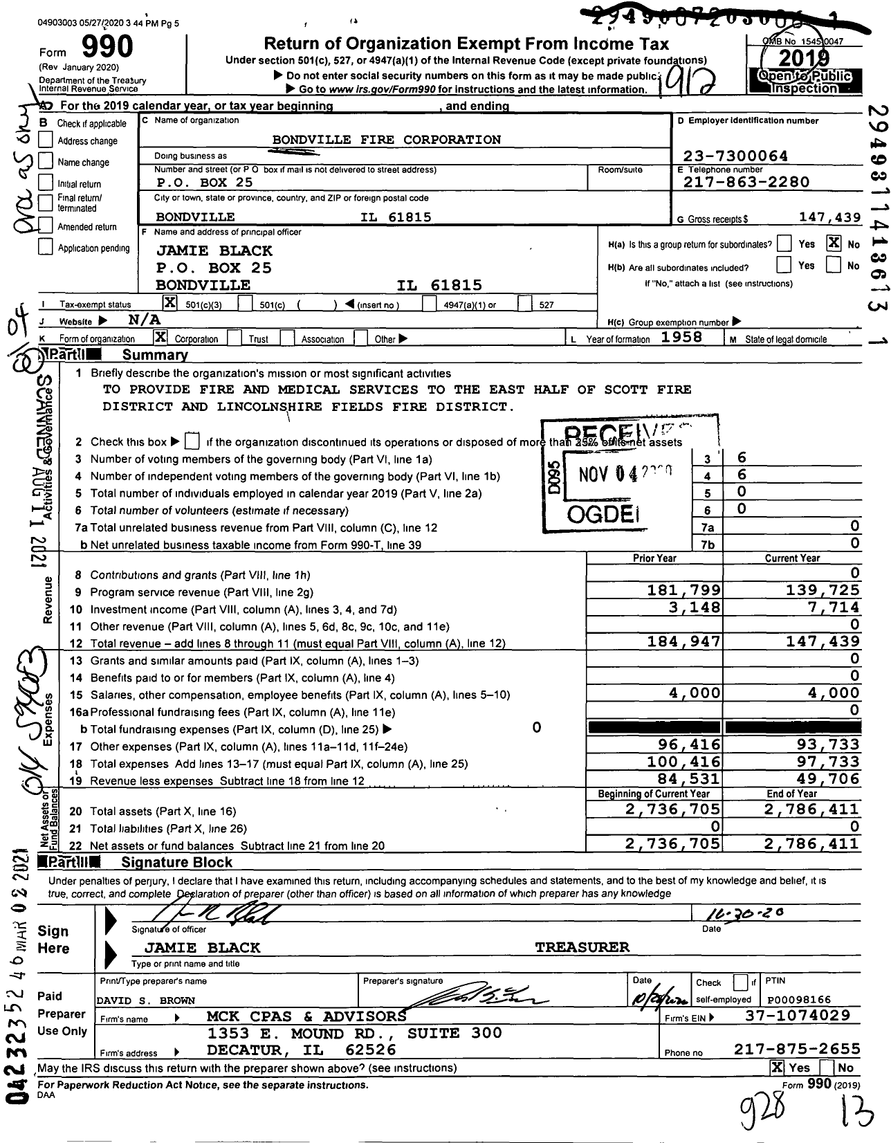 Image of first page of 2019 Form 990O for Bondville Fire Corporation