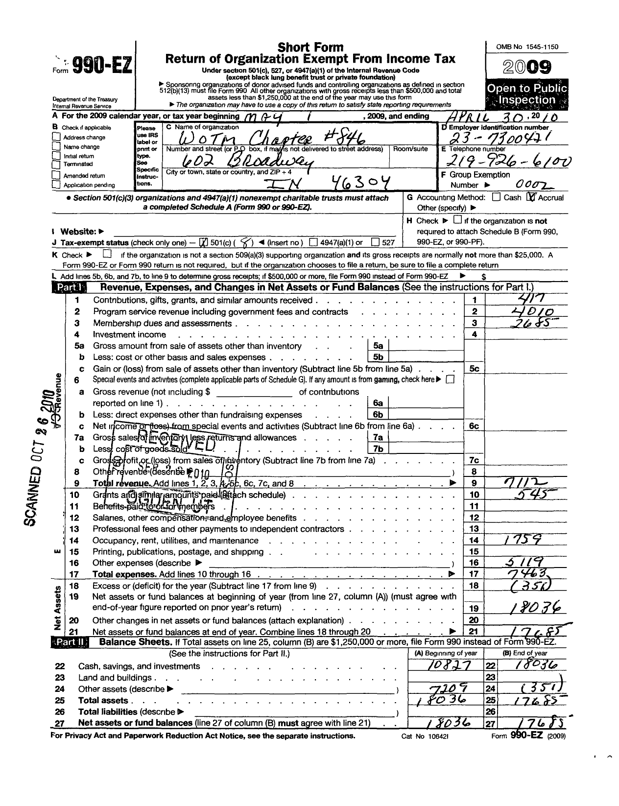 Image of first page of 2009 Form 990EO for Loyal Order of Moose - 846