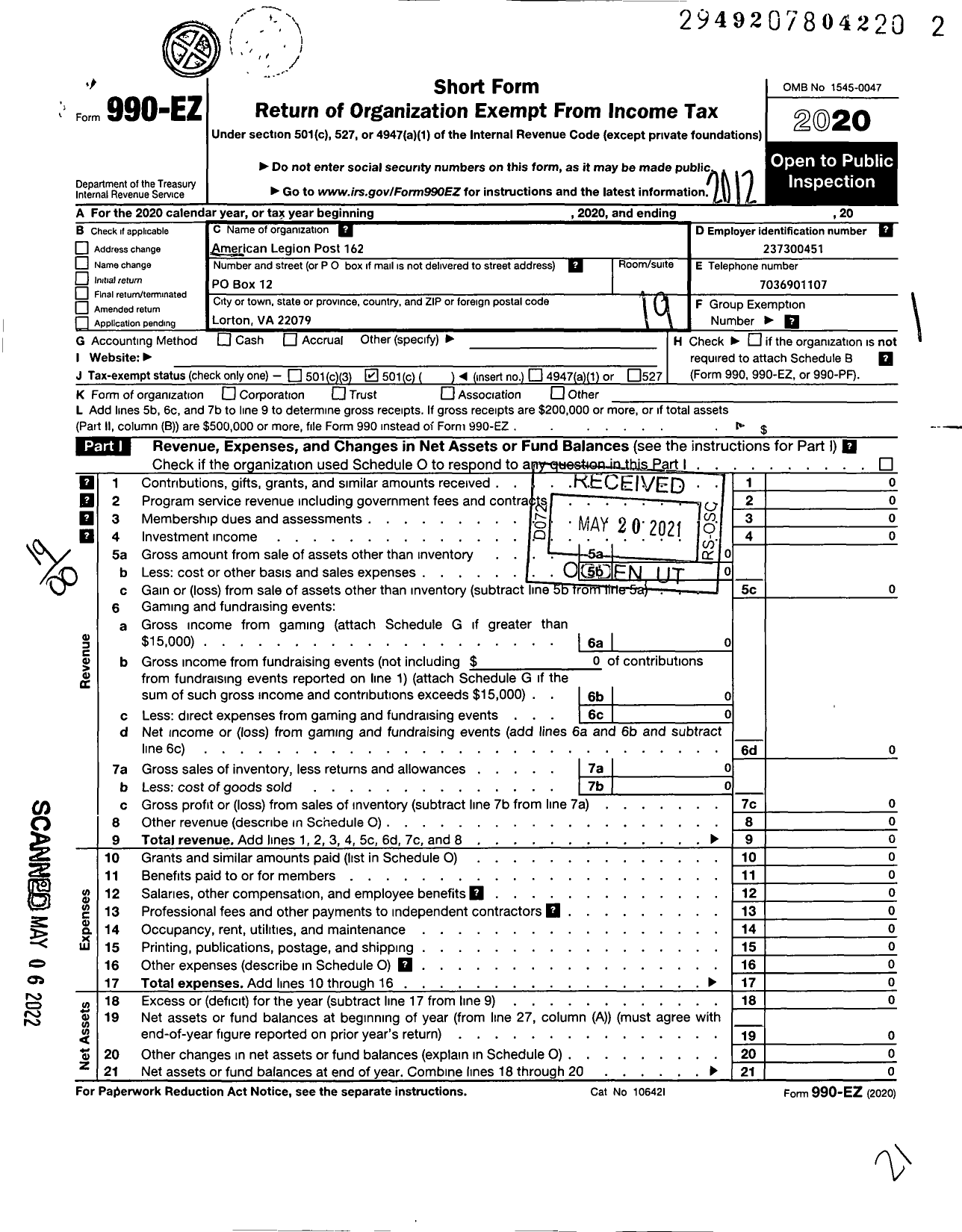 Image of first page of 2020 Form 990EO for American Legion - 162 Lorton