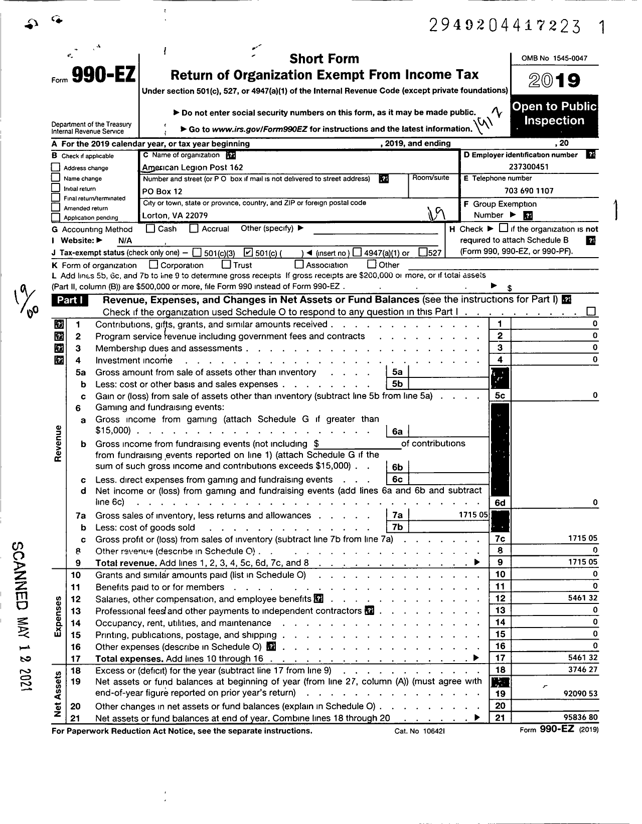 Image of first page of 2019 Form 990EO for American Legion - 162 Lorton