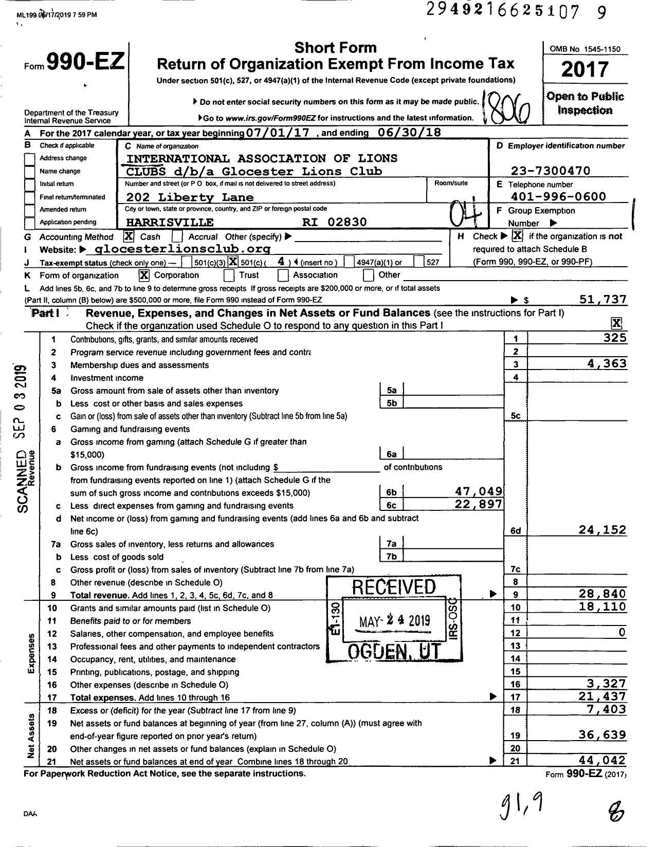 Image of first page of 2017 Form 990EO for Lions Clubs - Glocester Lions Club