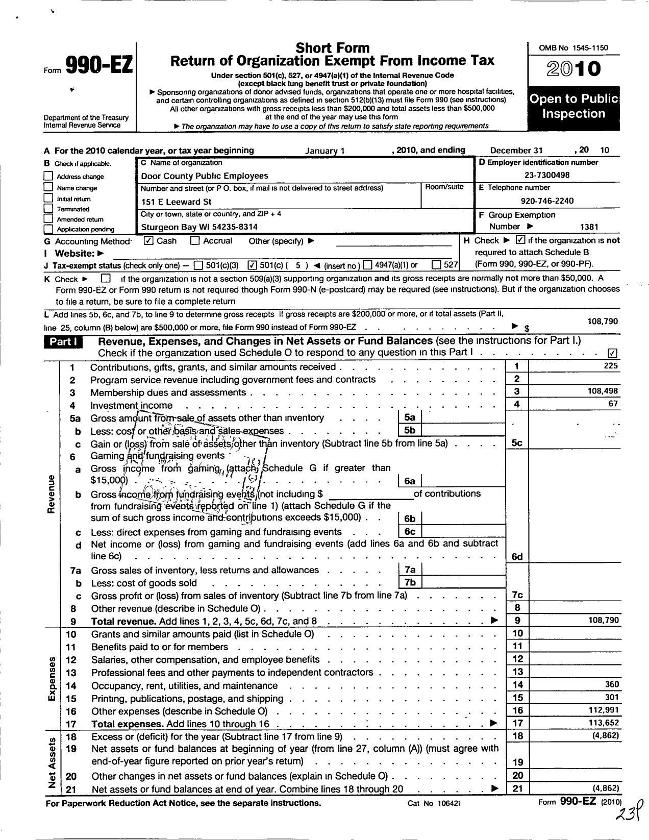 Image of first page of 2010 Form 990EO for American Federation of State County & Municipal Employees - 1658 Wi Loc Door Co Public Emp