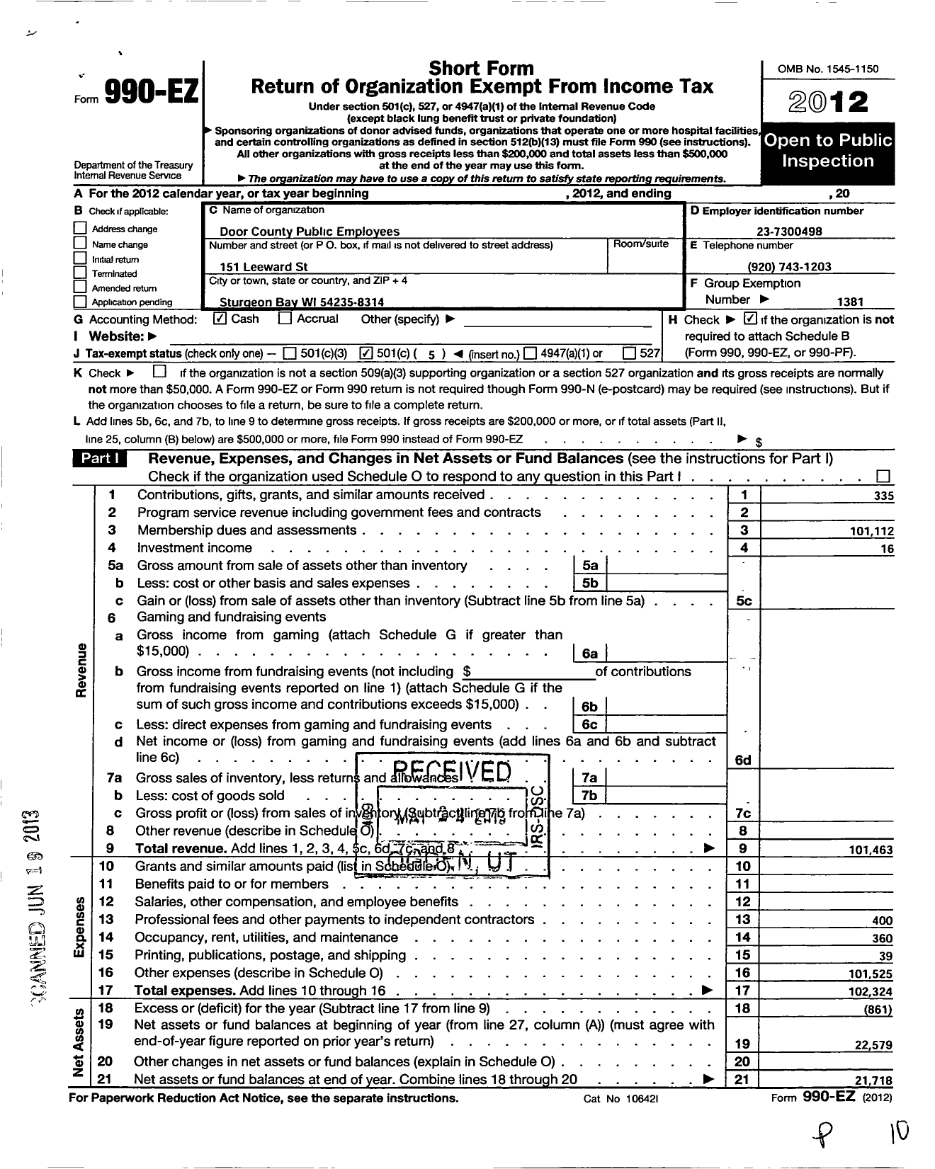 Image of first page of 2012 Form 990EO for American Federation of State County & Municipal Employees - 1658 Wi Loc Door Co Public Emp