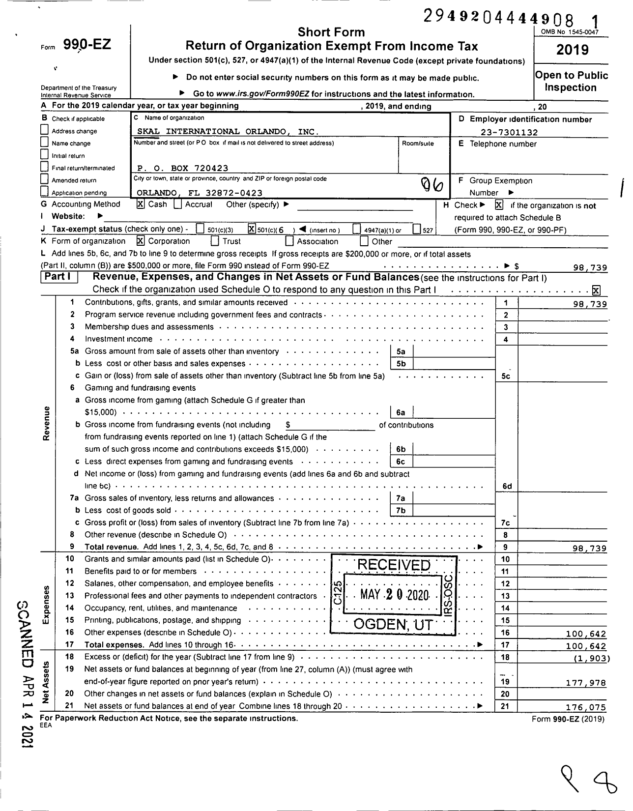 Image of first page of 2019 Form 990EO for SKAL International Orlando