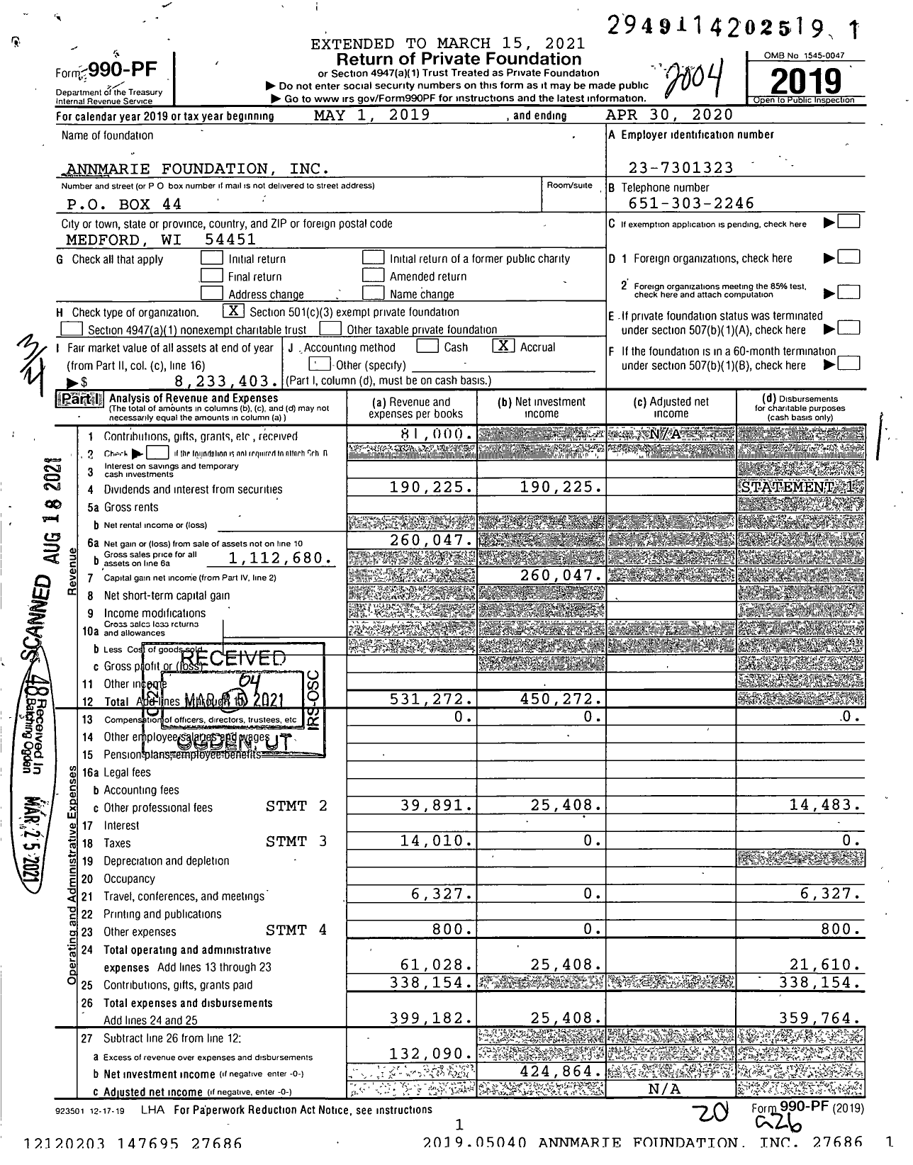 Image of first page of 2019 Form 990PF for Annmarie Foundation