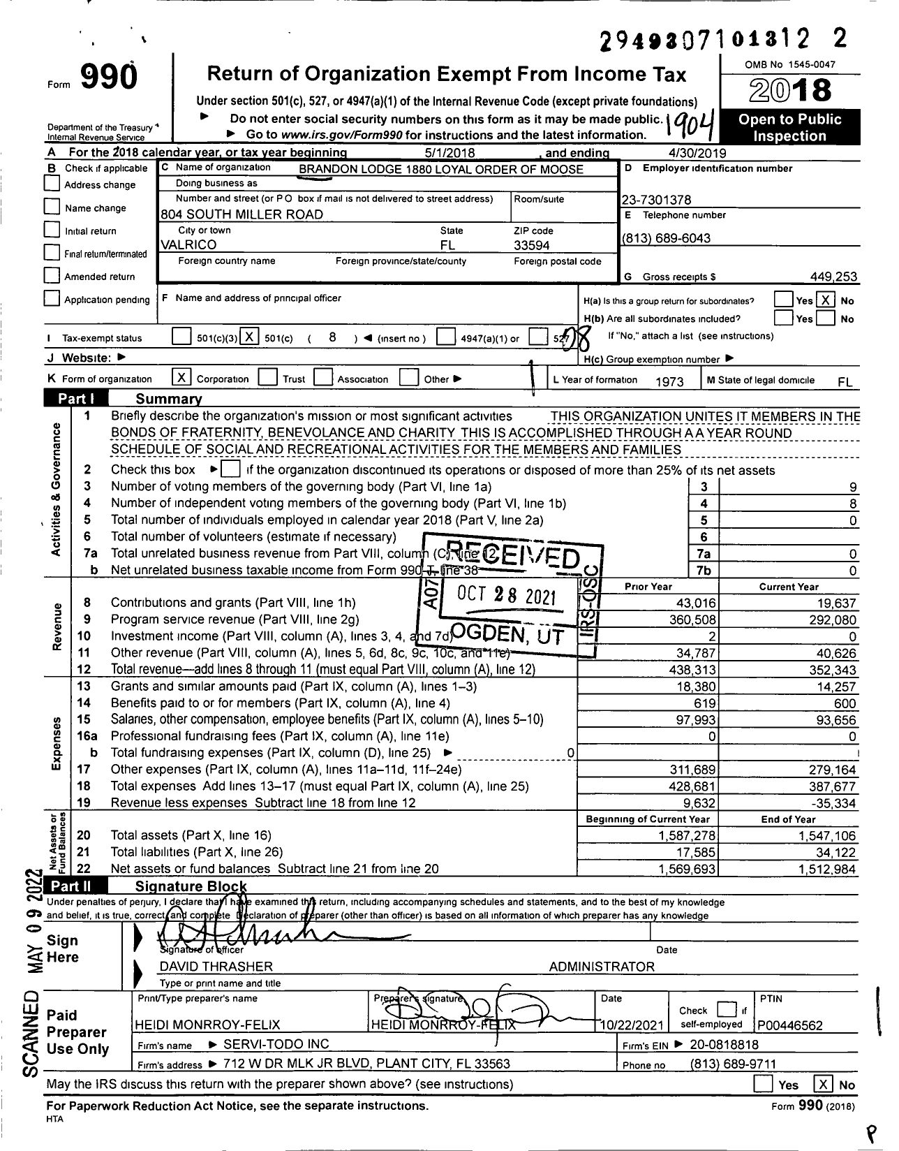 Image of first page of 2018 Form 990O for Loyal Order of Moose - 1880