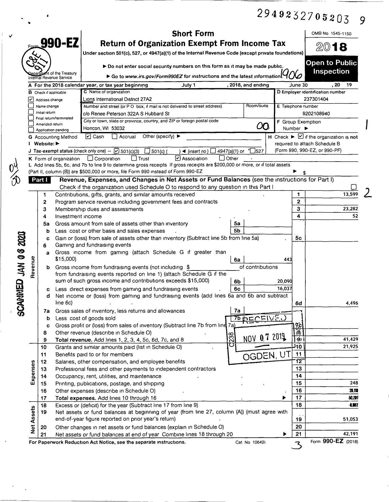 Image of first page of 2018 Form 990EO for Lions Clubs - 65747 27 A2 District