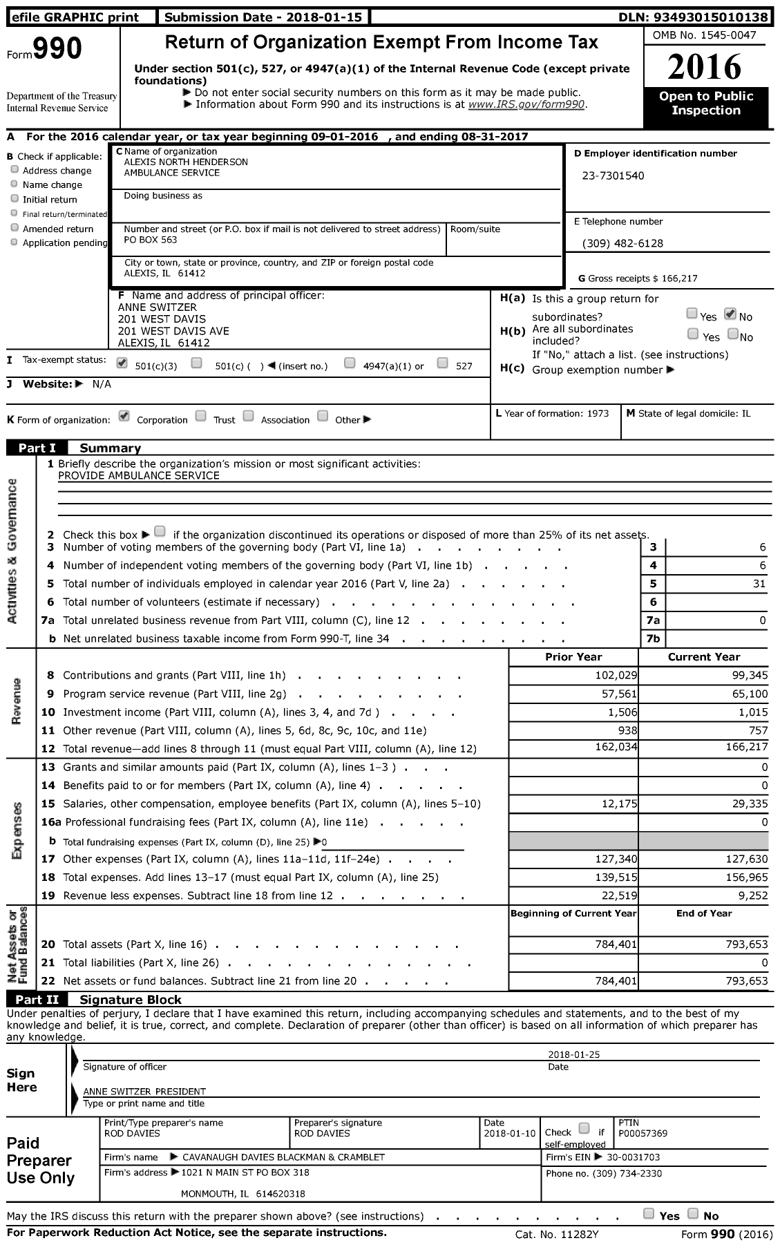 Image of first page of 2016 Form 990 for Alexis North Henderson Ambulance Service