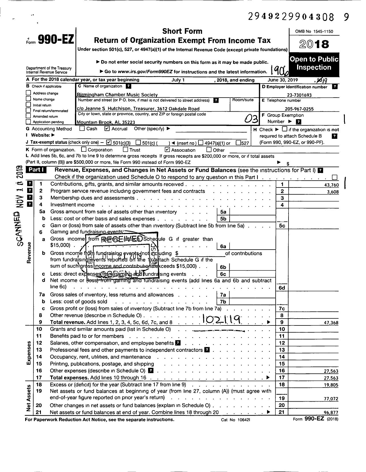 Image of first page of 2018 Form 990EZ for Birmingham Chamber Music Society