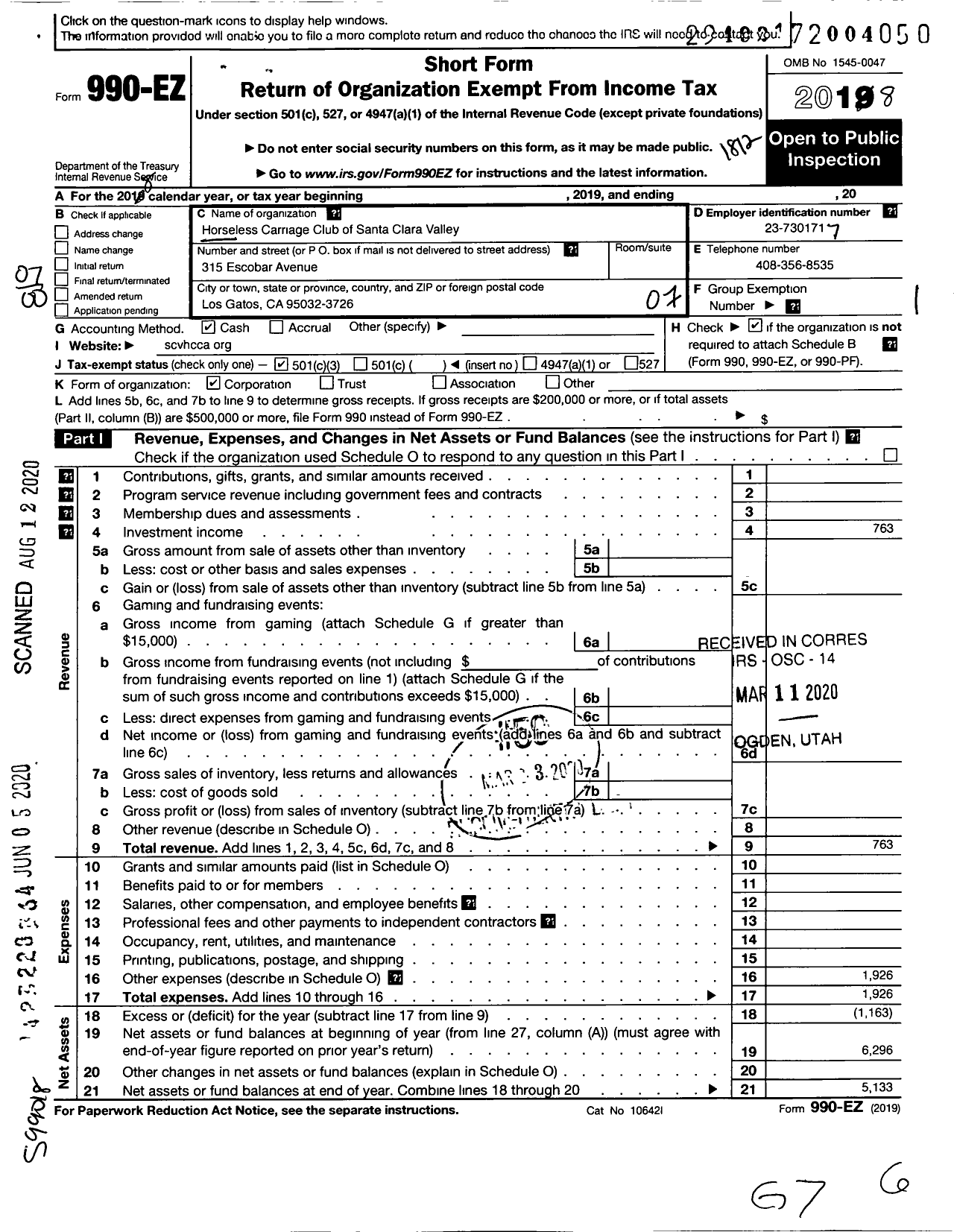 Image of first page of 2018 Form 990EO for Horseless Carriage Club of Santa Clara Valley