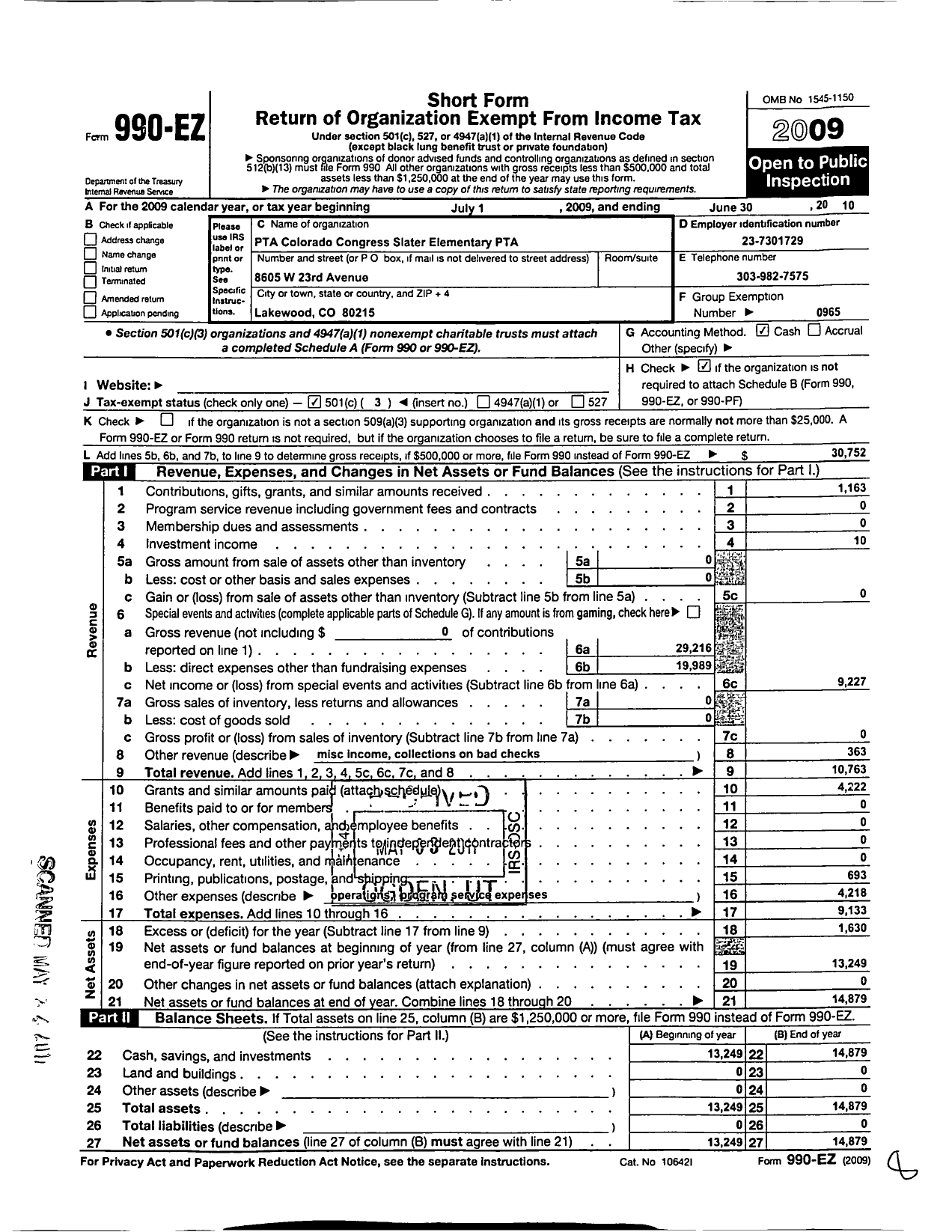 Image of first page of 2009 Form 990EZ for PTA Colorado Congress / Slater Elem PTA