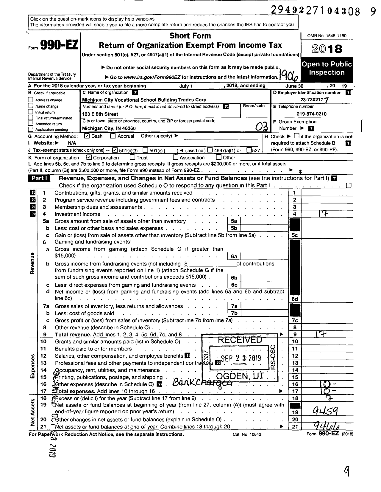 Image of first page of 2018 Form 990EZ for Michigan City Vocational School Building Trades Corporation