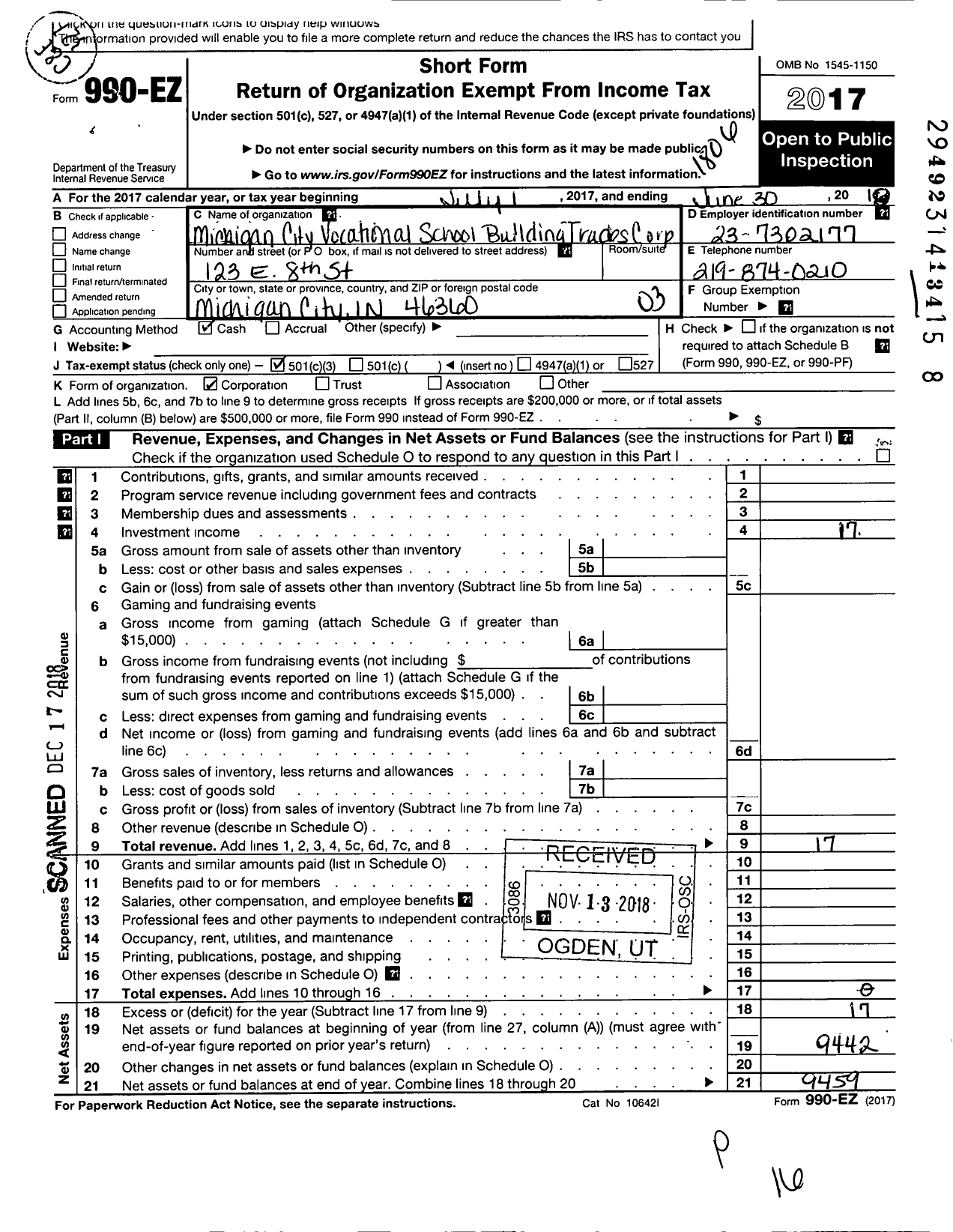 Image of first page of 2017 Form 990 for Michigan City Vocational School Building Trades Corporation